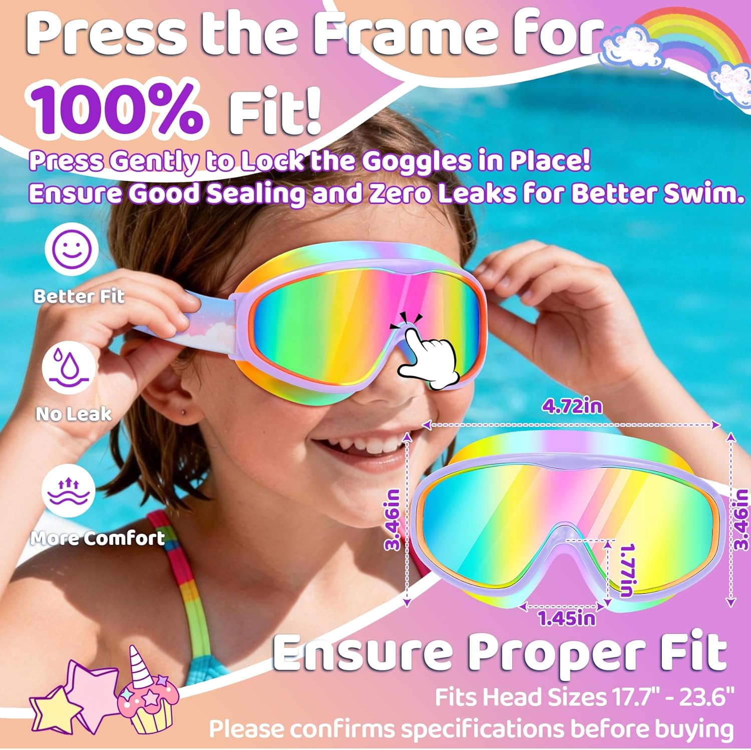 Vvinca Kids Swim Goggles 2 Pack, Cartoon Comfort Fabric Strap No Hair Pulling Anti-Fog/UV Swimming Goggles for 3-12