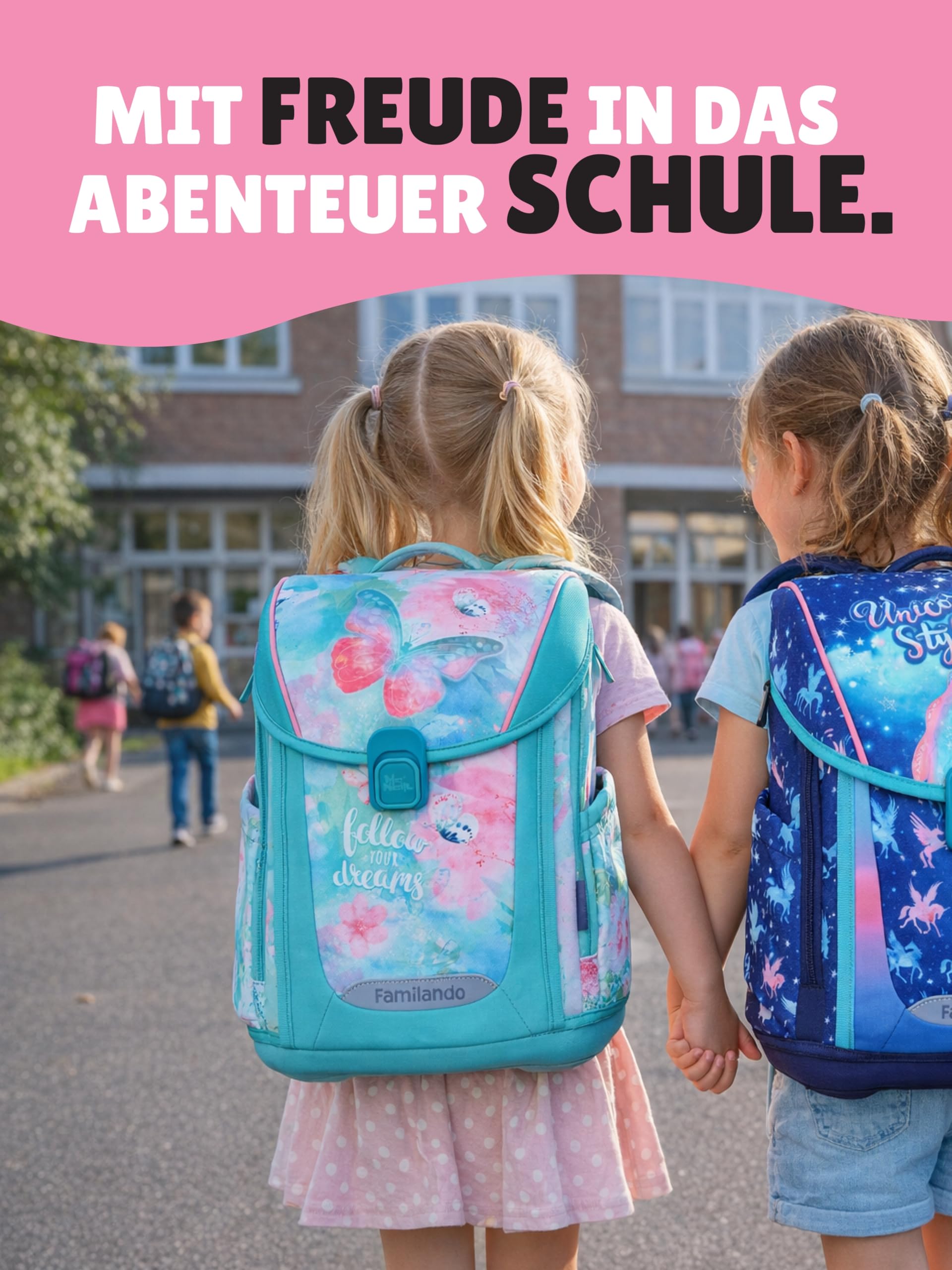 Familando - Premium Schulranzen Set - 10-teilig mit Schultüte - Butterfly (Schmetterlinge) - Ergonomisch, stabil & mit gepolstertem Rücken - 1000g - 20L Volumen - Mit Reflektoren - ab 1. Klasse