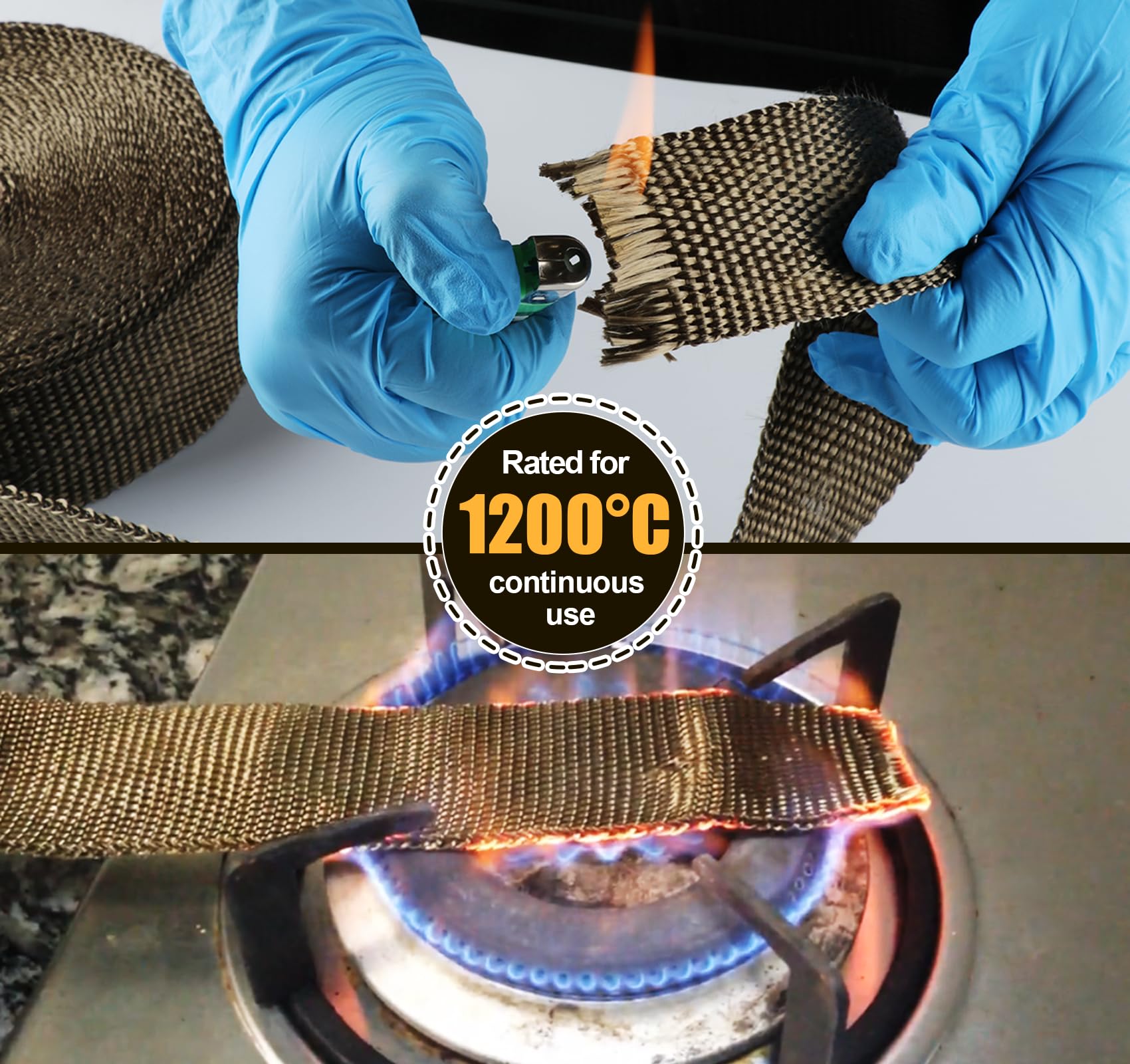 ilauke Taśma termiczna do wydechu 5 m x 50 mm, z 10 opaskami kablowymi ze stali nierdzewnej, brązowa taśma termiczna Fibre de Titane, odporna na wysoką temperaturę do 1200°C, do motocykli, samochodów