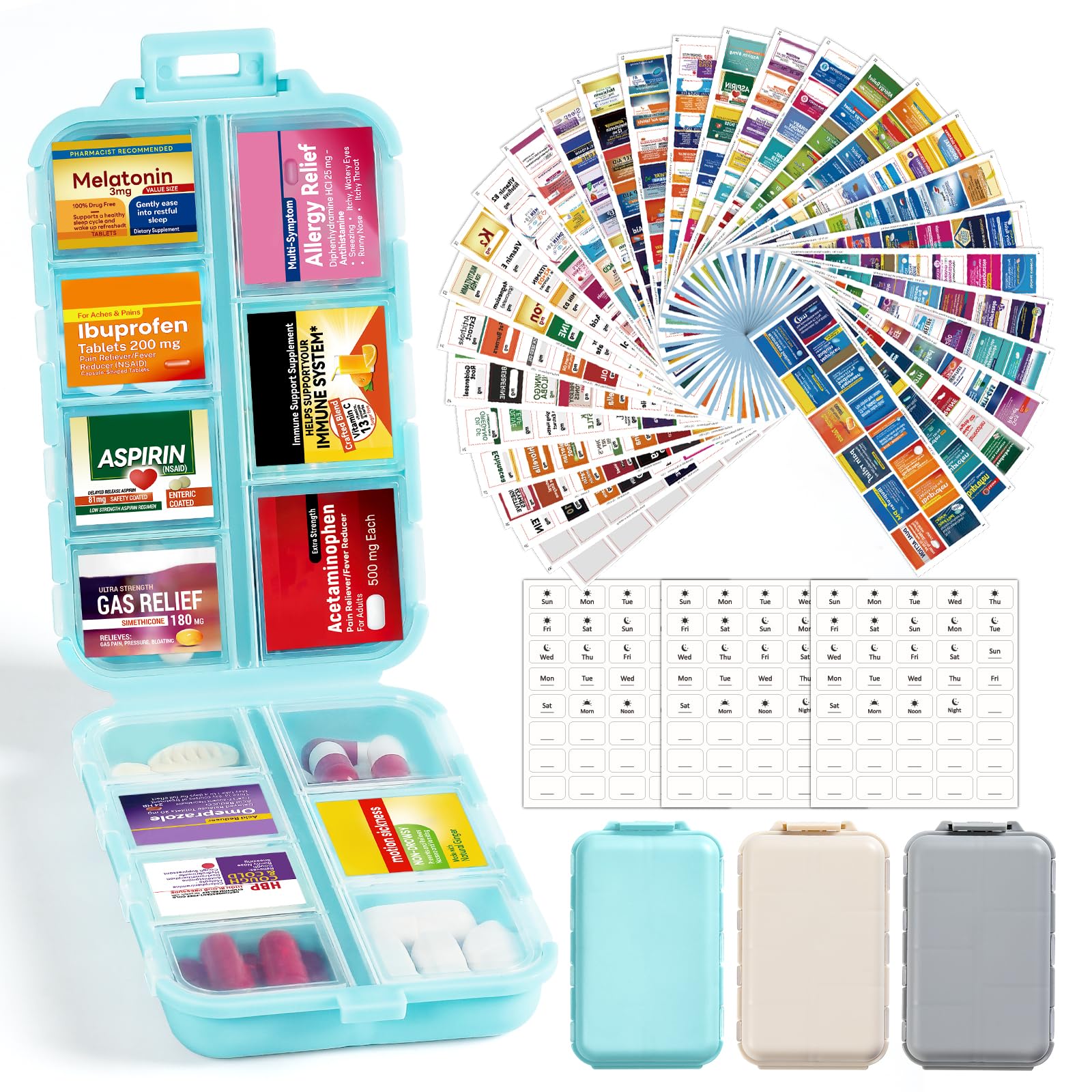 3 Pack 14 Grids Travel Pill Organizer Box with 415-Pcs Medicine Name Labels - Pocket Daily Pharmacy Case Container Kit - Travel Medication Holder Dispenser for Fish Oil Vitamin, Khaki+Grey+Sky Blue