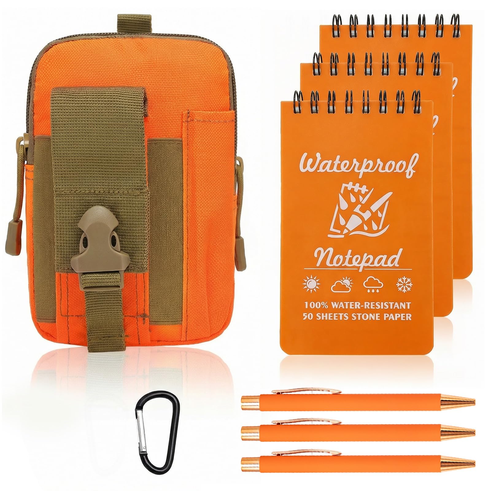 SIMDAO 8PCS Waterproof Notebook Set, 3X5 Inch Small Notebook and Pen, Multi-Functional Waist with Carabiner Hook, Tactical Steno Pads for Outdoor Camping Recording (Orange)