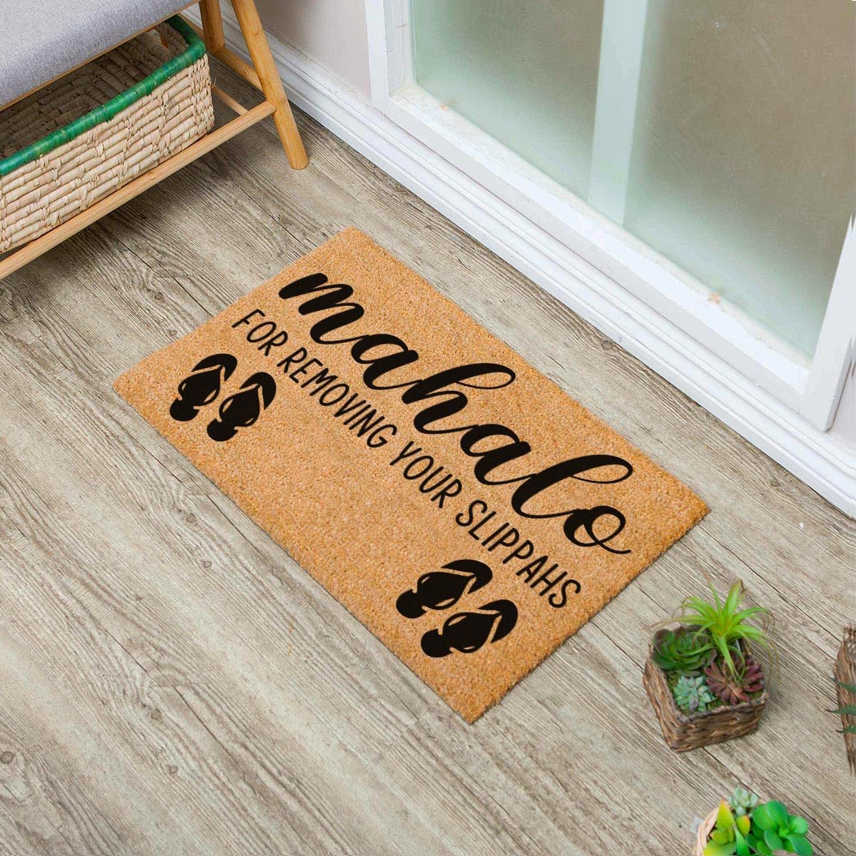 Funny Coir Doormat Mahalo for Removing Your Slippahs - Hawaiian Welcome Front Porch Decor for The Entrance Way - Heavy-Duty PVC Backing Non Slip Outdoor Rug 23.6 x 15.7 Inch