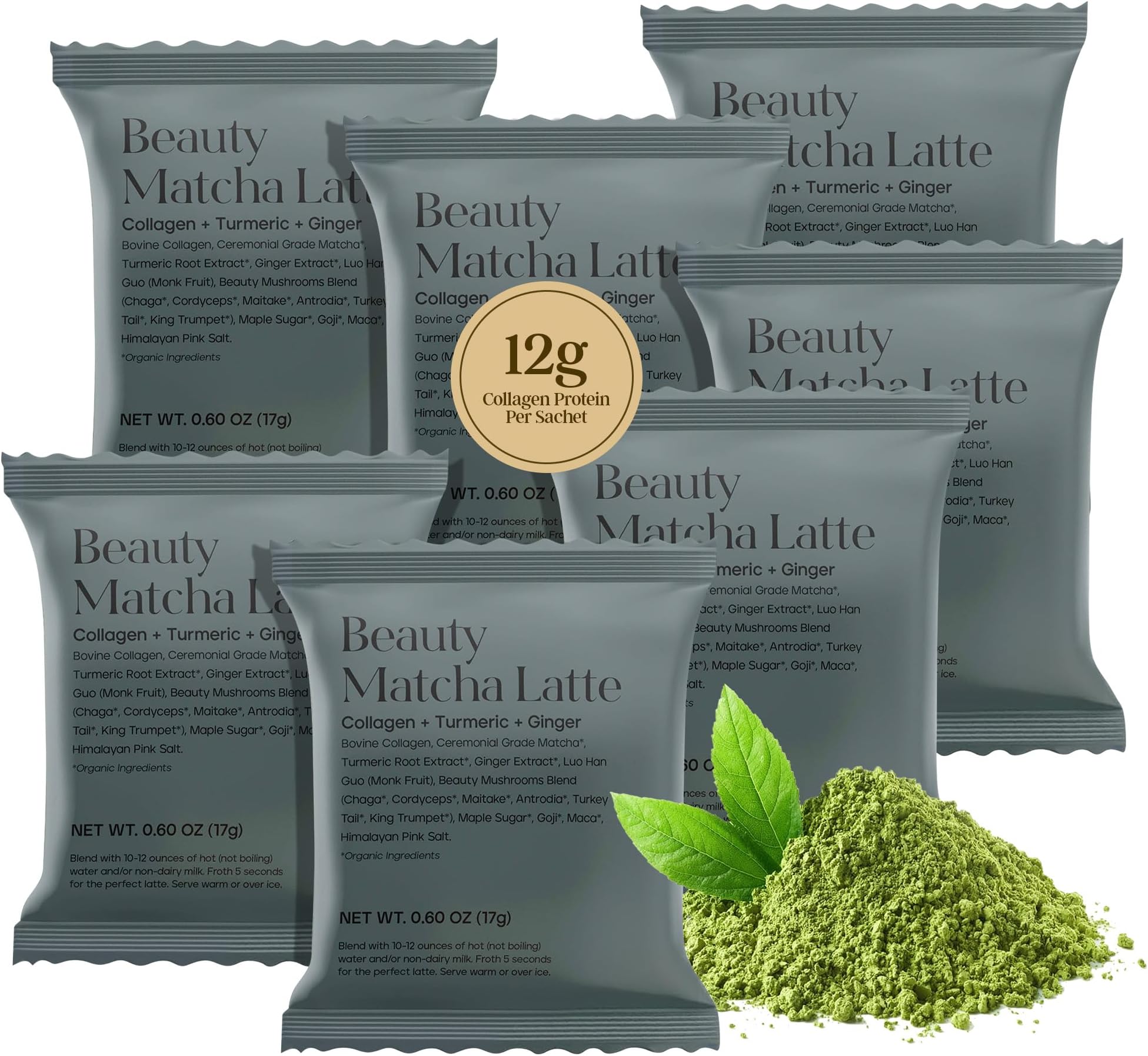 Kroma’s Beauty Matcha Latte Powder 0.60 Oz, 17g, 7 Servings – Collagen Ceremonial Grade Matcha Green Tea with Protein for Glowing Skin & Hair Support w/ Bovine Collagen, Ginger & Turmeric - Premium Matcha Powder w/ Adaptogenic Mushrooms