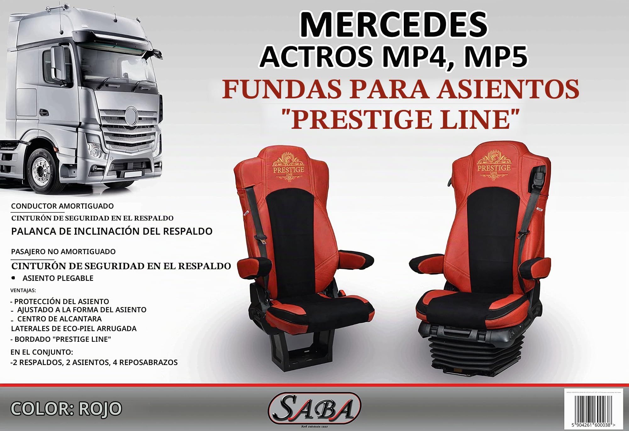 Funda de Asiento para Mercedes ACTROS MP 4 Desde 2011, Rojo | Accesorio, juego de fundas de asiento asiento del pasajero sin acolchar - funda ergonómica para asiento delantero con ecopiel