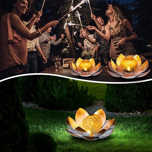 Miniatura 7 de AIINY - Luz solar para jardín al aire libre 2 unidades diseño de loto de ámbar con forma de globo de cristal impermeable color naranja Luces de