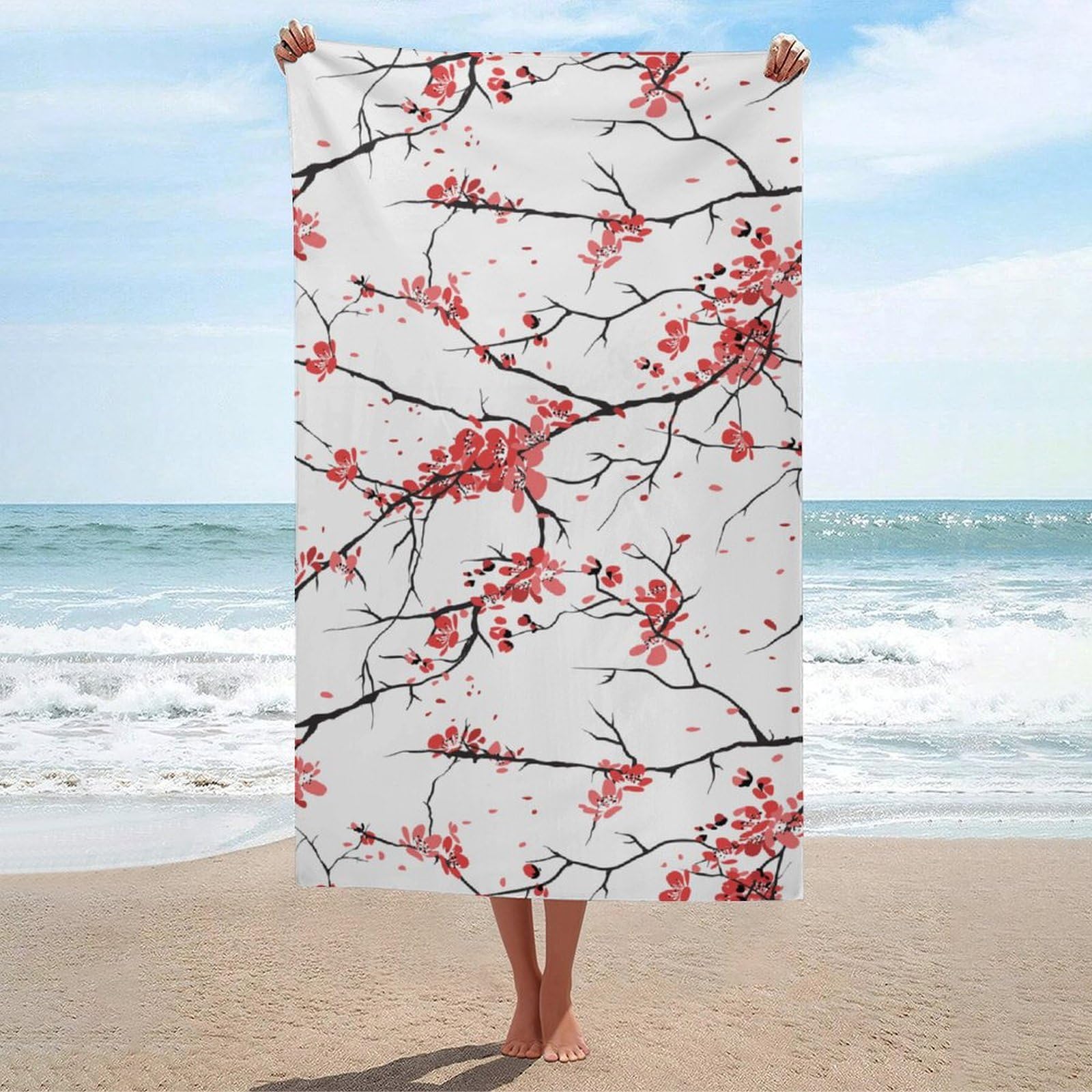 LEDFCVSU Beach Towel, Cherry Blossom Bath Towel, Absorbent Towel for Swimming, Sports, Travel
