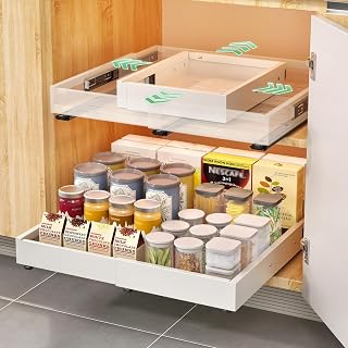 KUOGAS 2 Pieces Telescopic Box, 4-Way Adjustable Pull Out Drawer, Kitchen, Kitchen Cabinet, Organizer and Drawer Organizer, Without Drilling and Nails (White (2 Pieces) 32-53cm Wide, 42-61cm Deep)