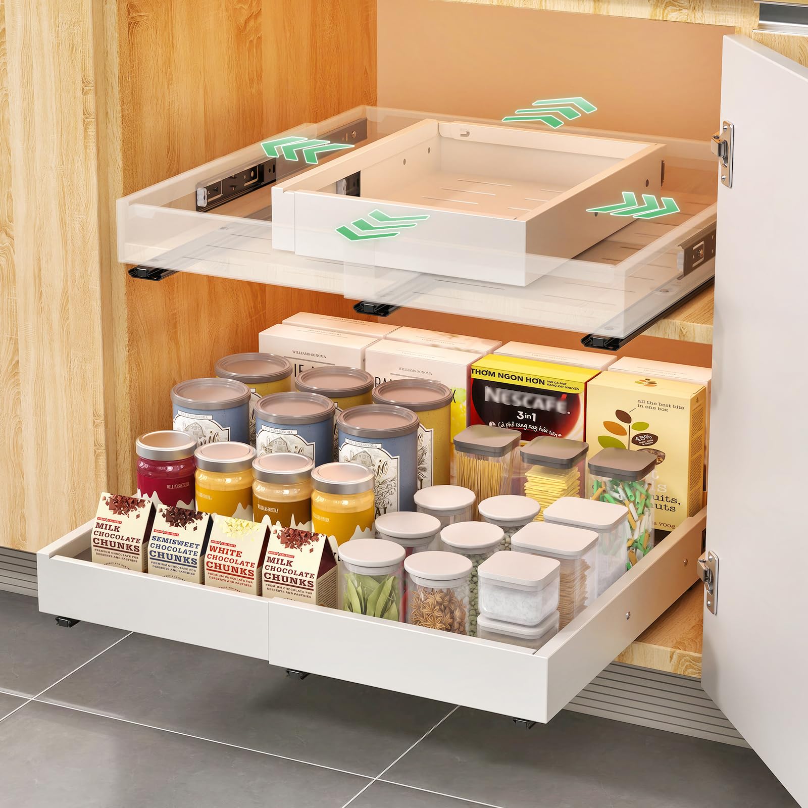 KUOGAS Pack de 2 Cajones Extraíbles para Cocina, Cajón Deslizante Ajustable en 4 Niveles, Organizador de Armario de Cocina y Cajón, sin perforación ni clavos (blanco (2 Unidades))