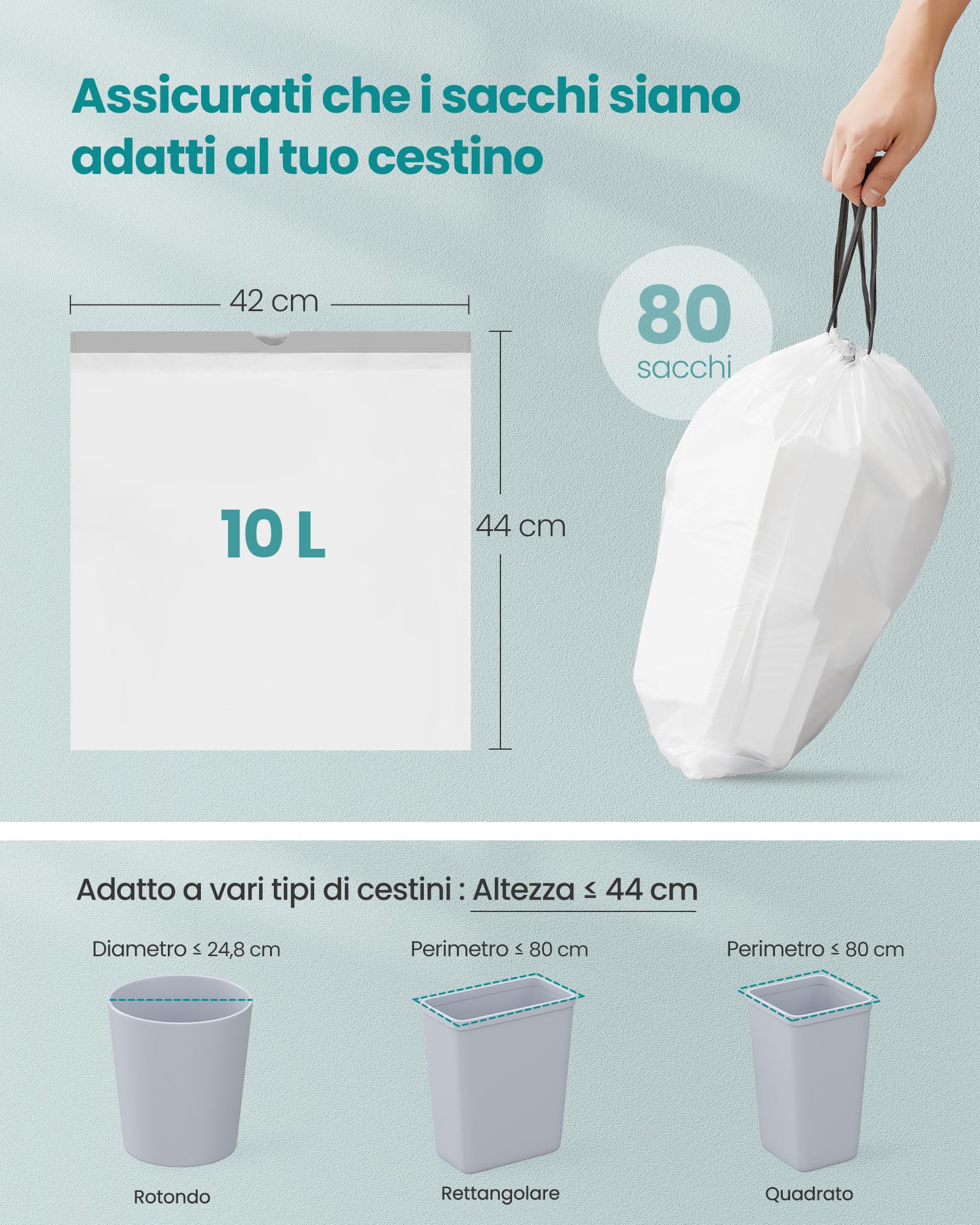 SONGMICS Sacchi Spazzatura, 10 L, Sacchetti per Immondizia Rifiuti con Manici a Cordoncino, 80 Pezzi, Codice R, Resistenti, Scatola per Estrazione Rapida, Bianco Crema KRB011A02