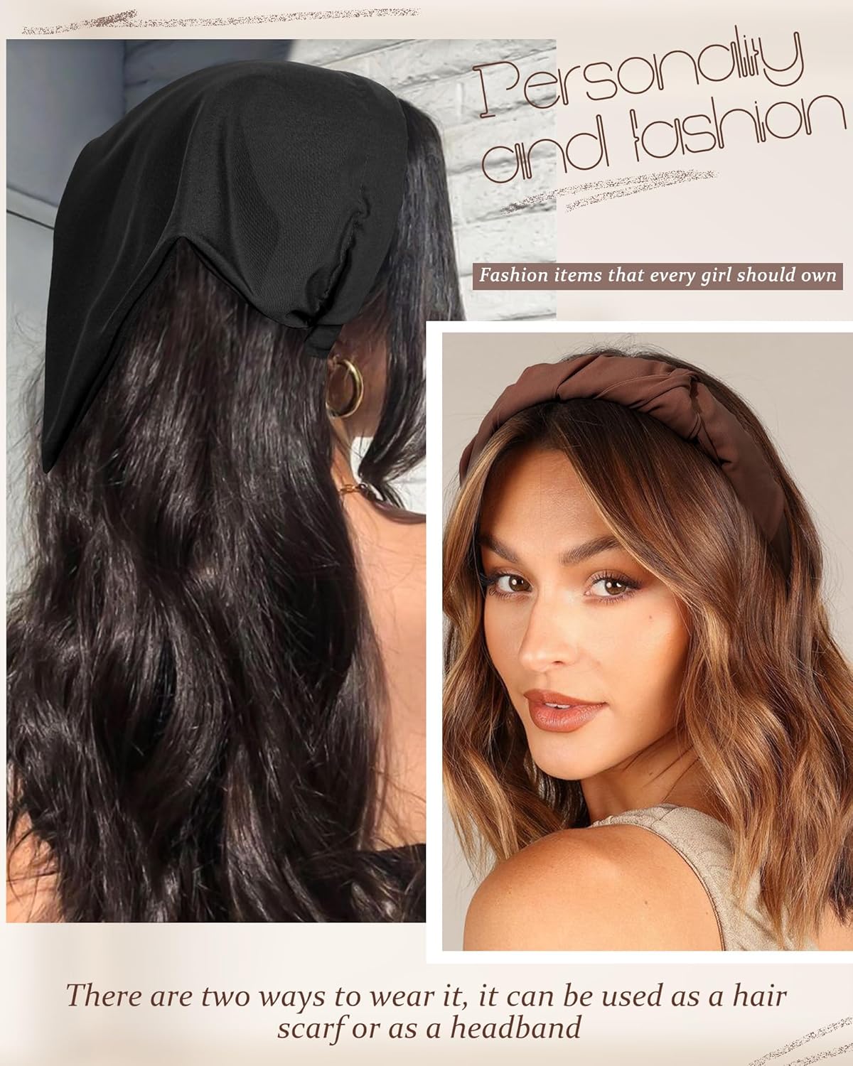 HAIMEIKANG Floral Hair Scarf Headbands for Women Boho Bandanas for Women Triangle Kerchief Solid Color Hair Bands Vintage Head Scarf (Black+Coffee+Beige) - Image 5