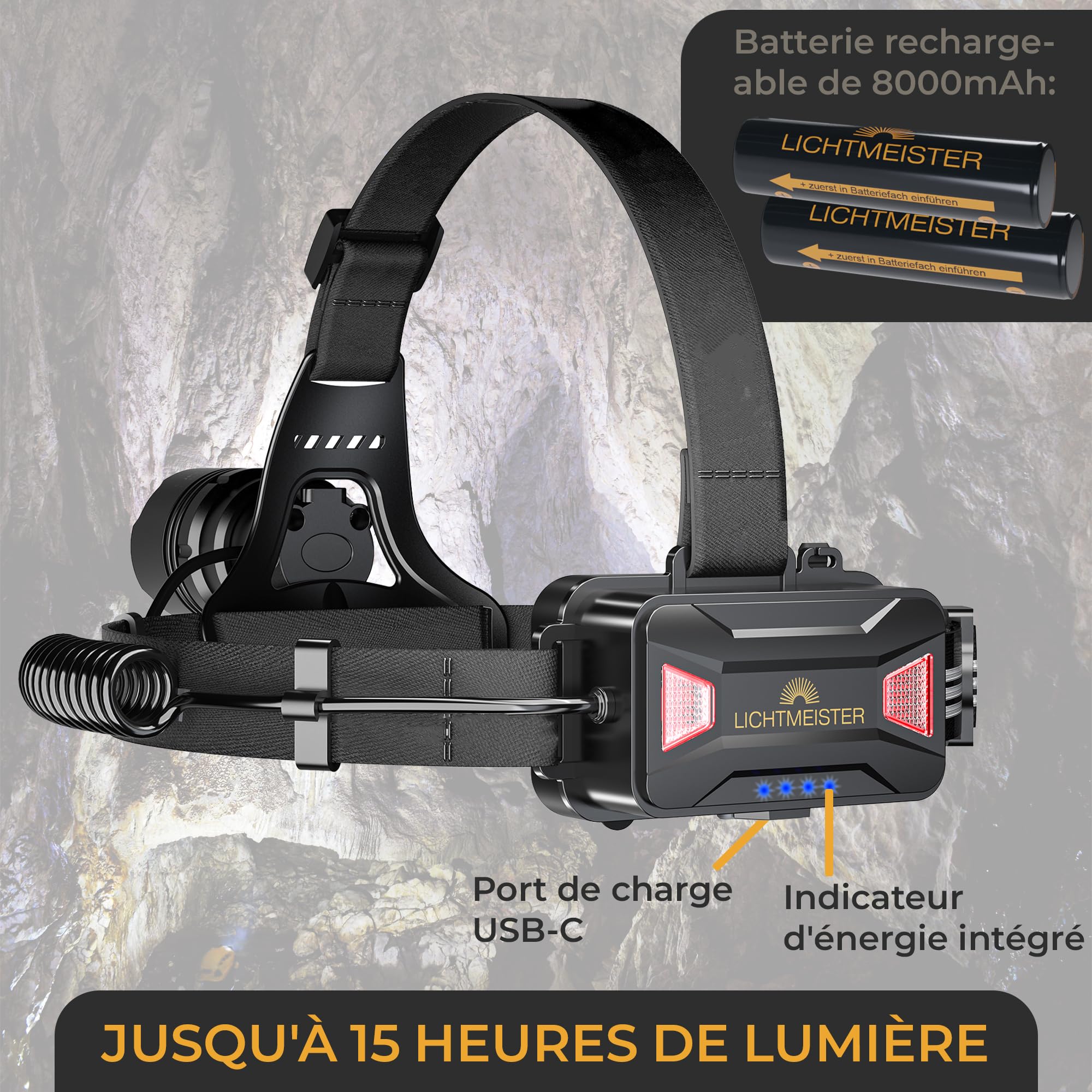 LICHTMEISTER® Lampe frontale LED ultra puissante (2500 lumens, batterie 8000 mAh) - avec lumière arrière - rechargeable - IP44
