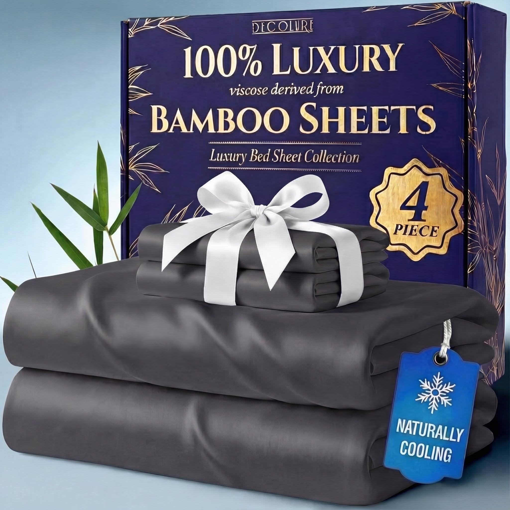 DECOLURE 100% Organic Bamboo Viscose Sheets Queen Size 4 pcs - Ultra Soft & Luxuriously Cooling, 16" Deep Pocket, Double Stitching, Perfect for Hot Sleepers - Luxury Queen Bed Sheets Set (Charcoal)