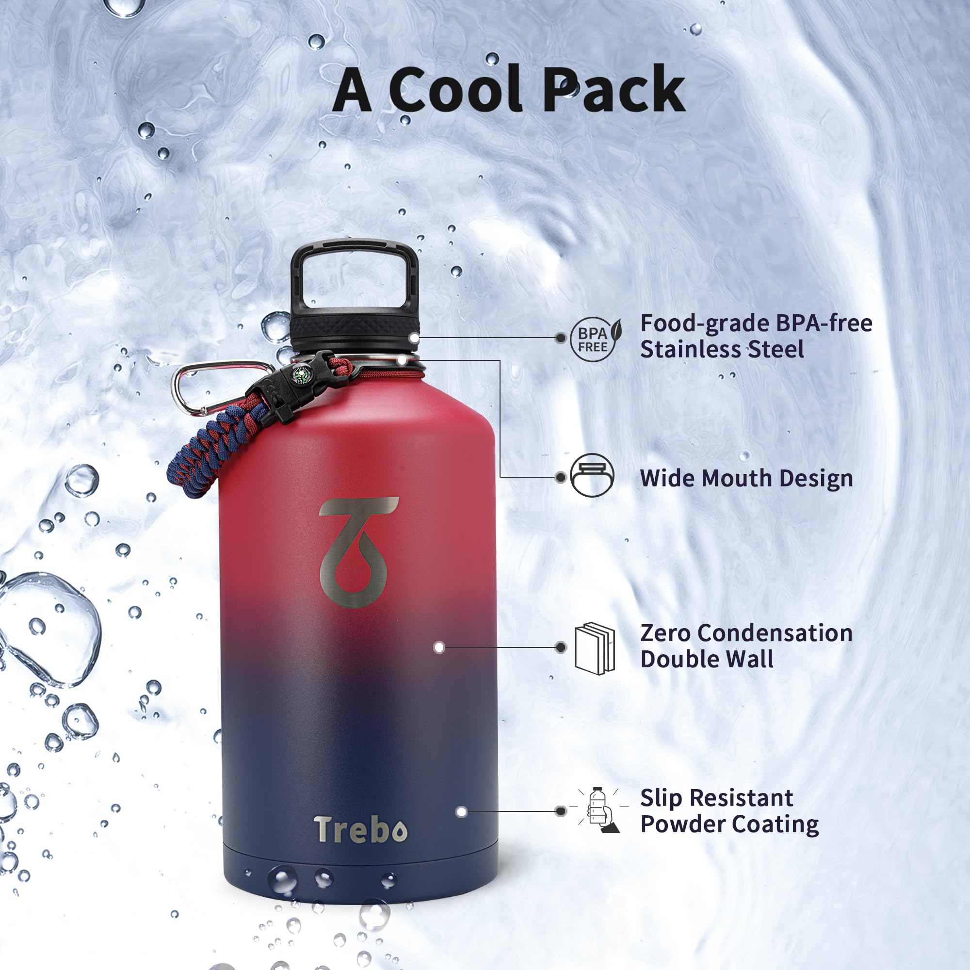 Trebo - Botella de agua de 1 galón aislada con asa de paracord y pajita, jarra grande de acero inoxidable de 128 oz con aislamiento de doble pared al vacío, mantiene el hielo frío durante 48 horas