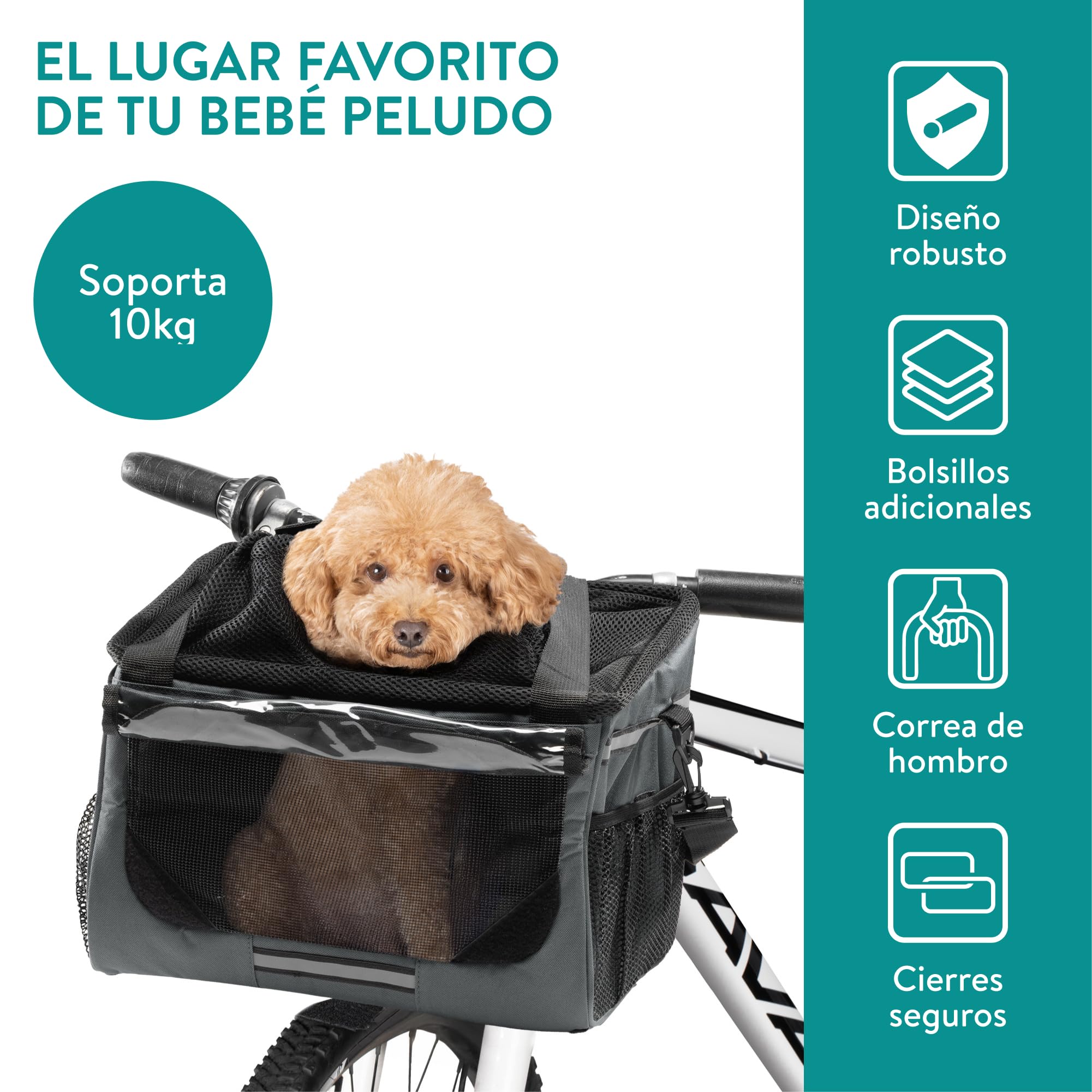 Navaris Cesta Perro Bicicleta - Cesta Bicicleta Delantera para Perros y Gatos MAX. 10 kg - Cordón Ajustable para Que No Salten - con Bolsillos Adicionales y Correa para Hombro