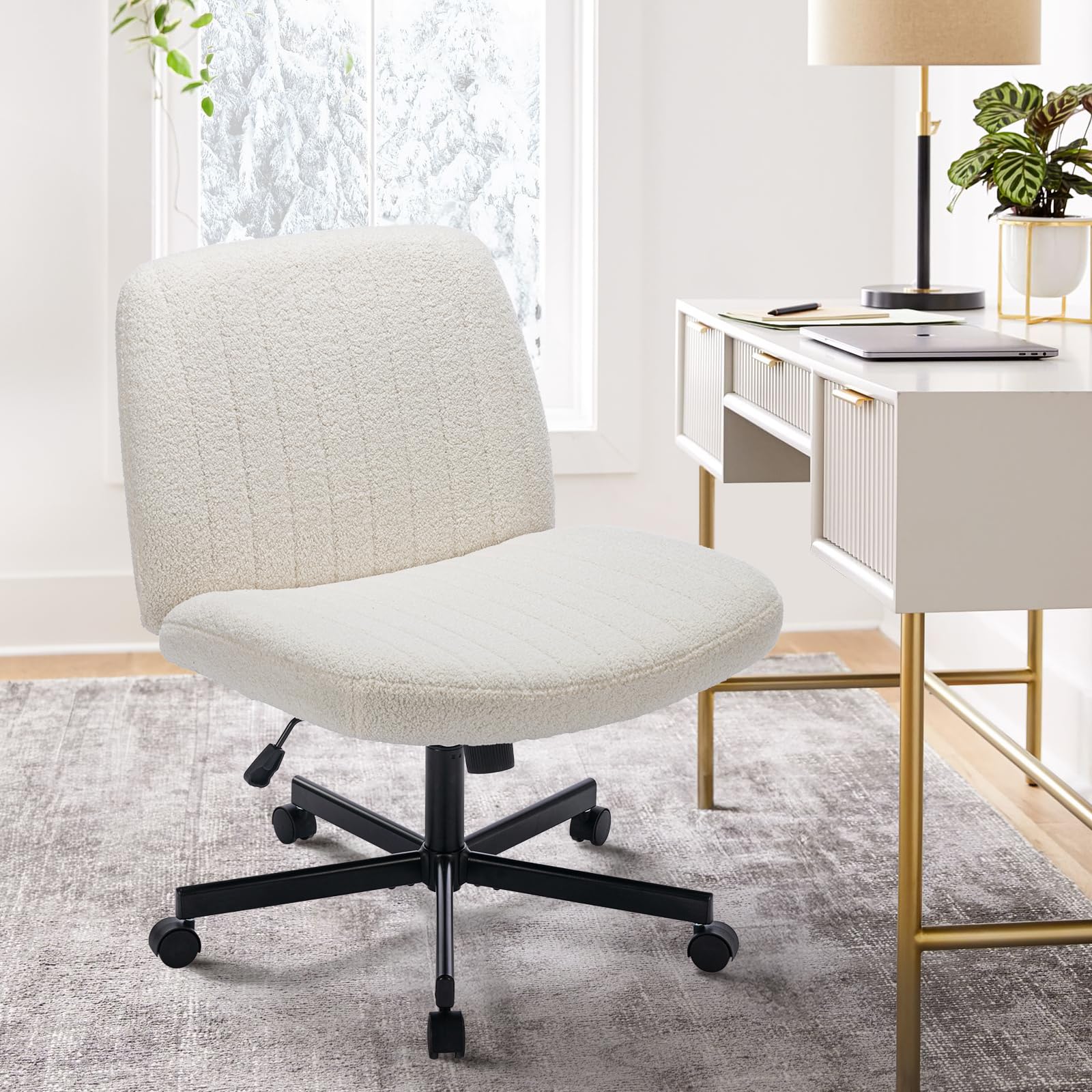 MALOL Wide Office Chair for home, ArmlessDesk Chair, Swivel Makeup Vanity Chair with Height Adjustable for Home Office, Bedroom, Study (Cream)