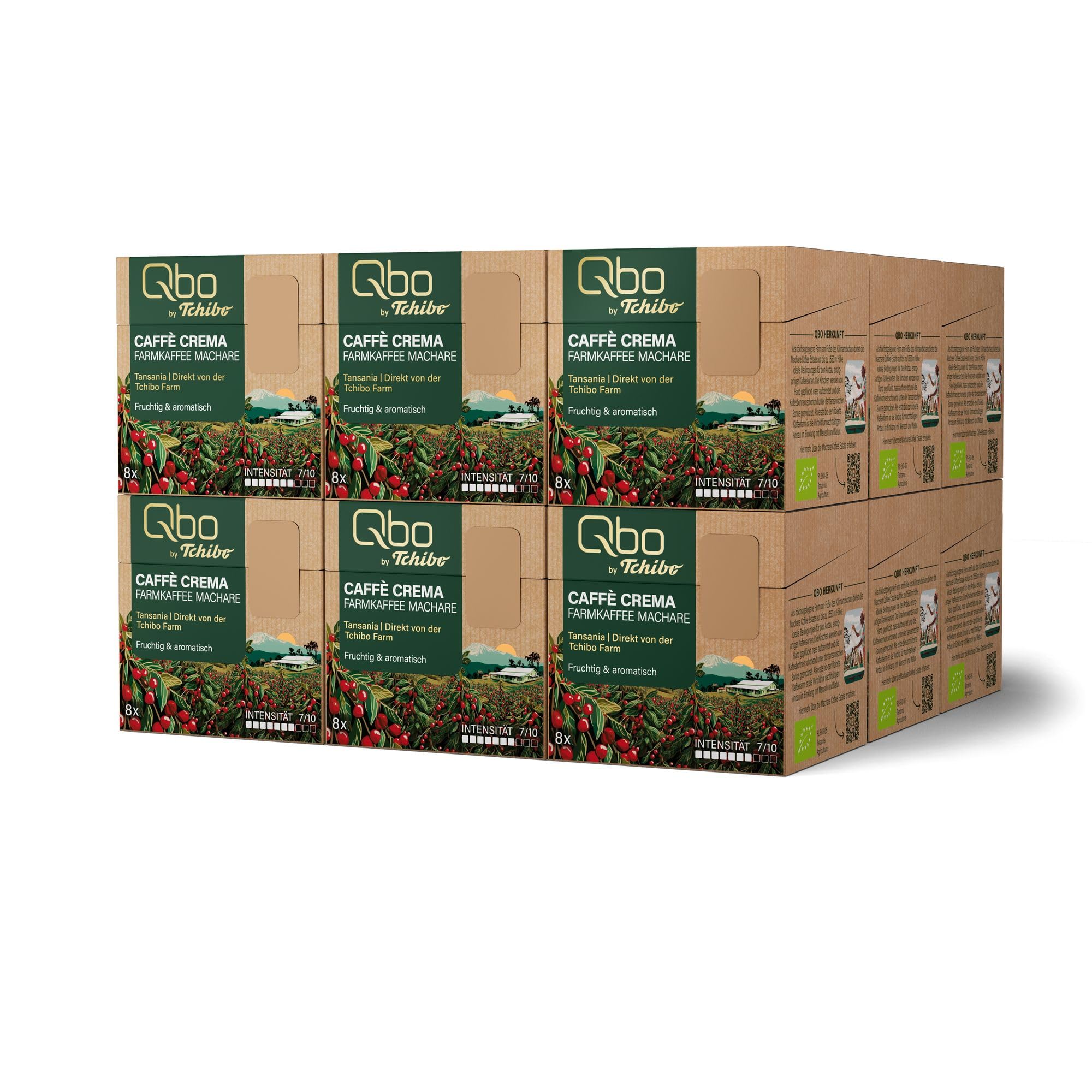 Tchibo Qbo Caffè Crema Farmkaffee Machare Premium Kaffeekapseln, 144 Stück – 18 x 8 Kapseln (Caffè Crema, Intensität 7/10, fruchtig und aromatisch), nachhaltig & aus 70% nachwachsenden Rohstoffen¹