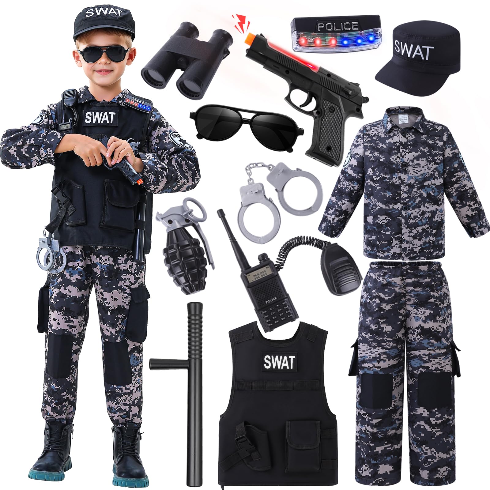 SWAT Police Officer Costume for Kids,Policea and Army Costume for Boys with camouflage uniform,SWAT Vest,Halloween Costume for Boy,Cosplay Themed Party for Boys Girls