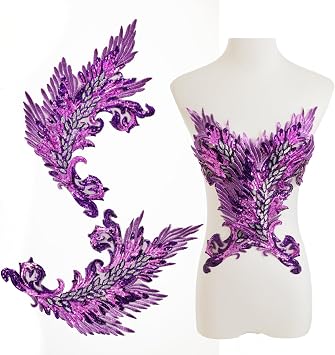 Silvora Pair Embroidery Phoenix Costume Sequin Appliques Patches, Peacock Feather Tail Applique Embellishments for Dance Dresses,Clothes,T-Shirt,Neckline Bodice Pants Purple