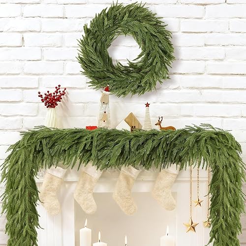 Miniatura 6 de 2 guirnaldas artificiales de pino Norfolk de 6 pies, guirnalda de pino de invierno de tacto real, guirnalda verde artificial para manto, mesa,