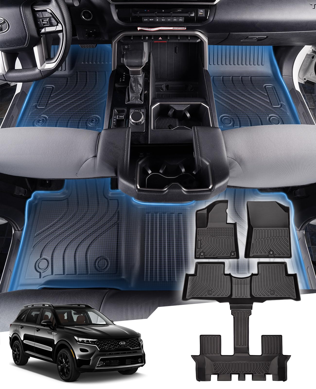 Sunsdrew Floor Mats for Kia Sorento 6/7 Seat 2024 2023 2022 2021(Not Hybrid) All Weather Protection TPE Floor Liners,1st&2nd&3rd Row Full Set Car Mats for Sorento Accessories Black