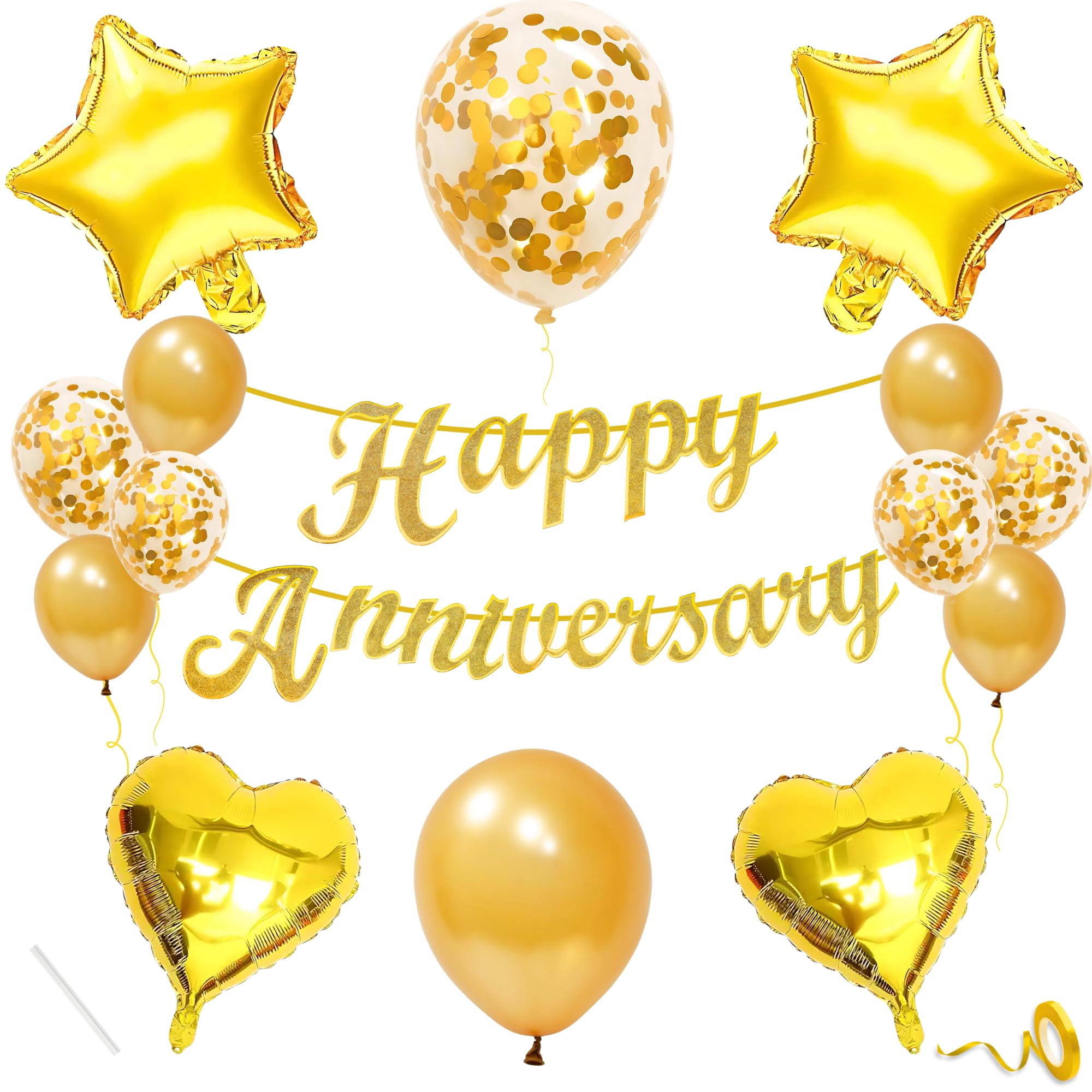 Anniversary Decoration Items Gold for Men Women Husband Wife Home Living Room Parent With 10 Pc Confetti Balloons Happy Anniversary Banner 4 Pc Star Heart Set Kit Golden-image-6