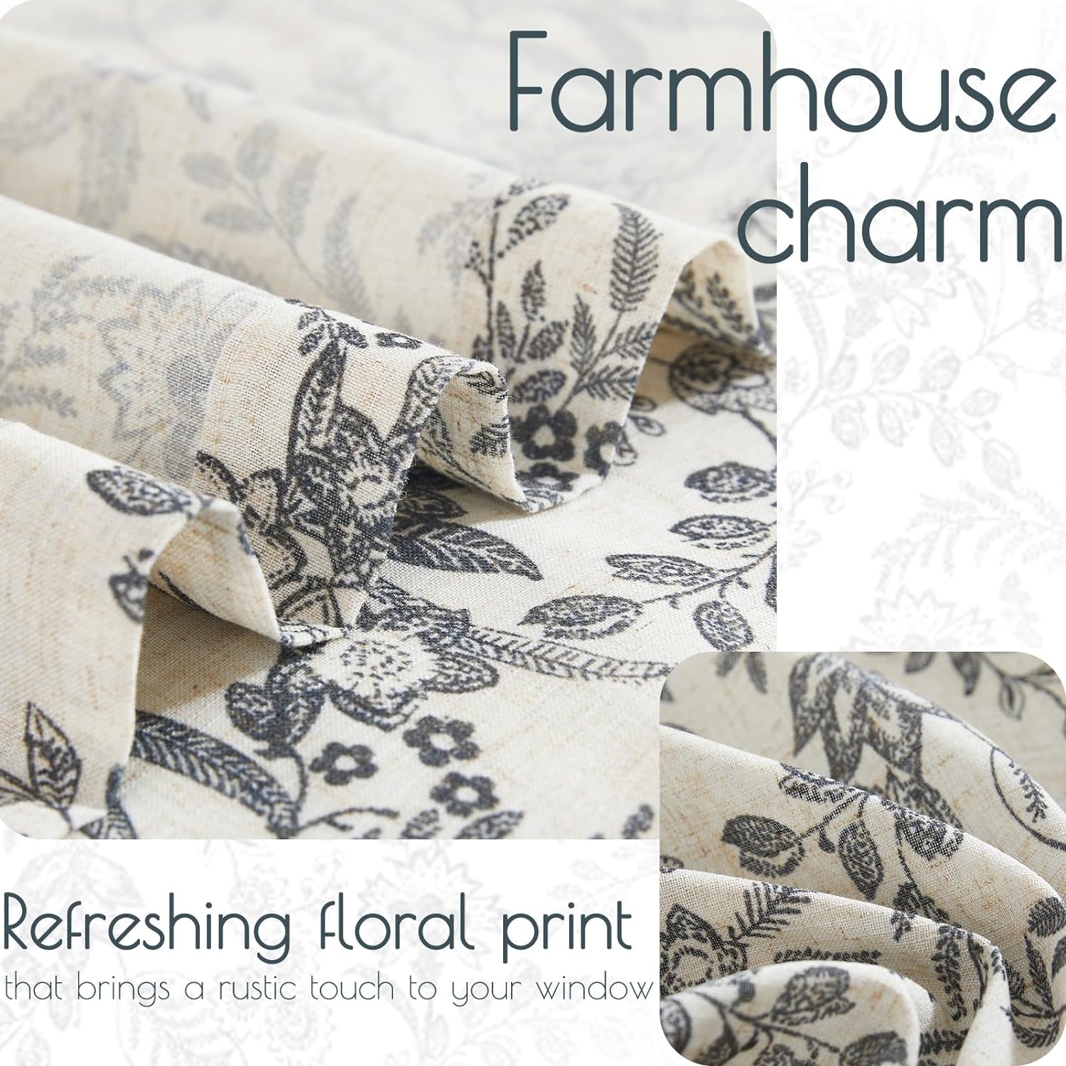 jinchan Floral Linen Blend Curtains for Living Room Black French Country Farmhouse 84 Inch Long Light Filtering Semi Sheer Kitchen Window Back Tab Curtains 2 Panels