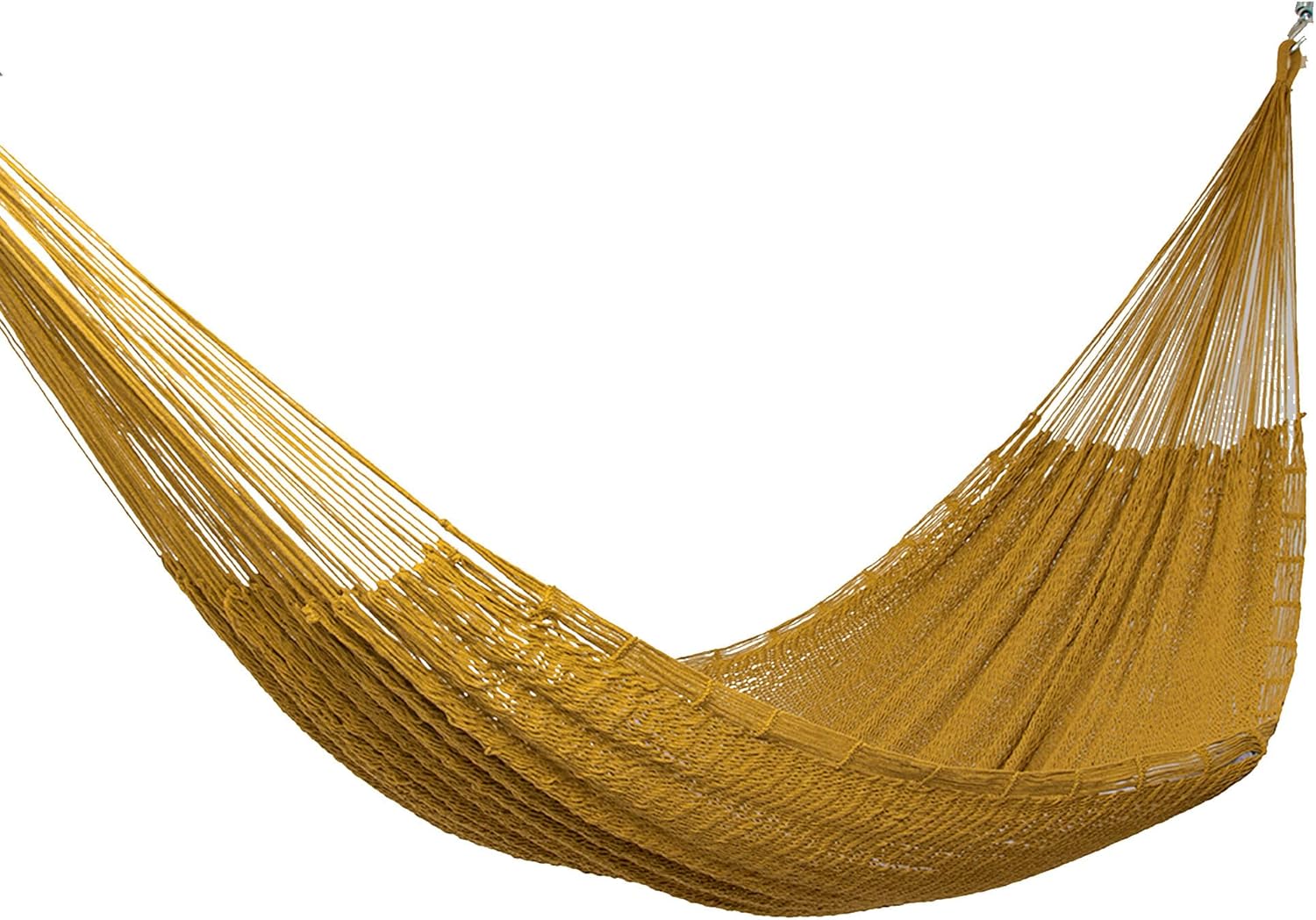 NOVICA Mustard Yellow Hand Woven Cotton Mayan 2 Person XL Rope Hammock with Hanging Accessories, 'Maya Mustard' (Double)