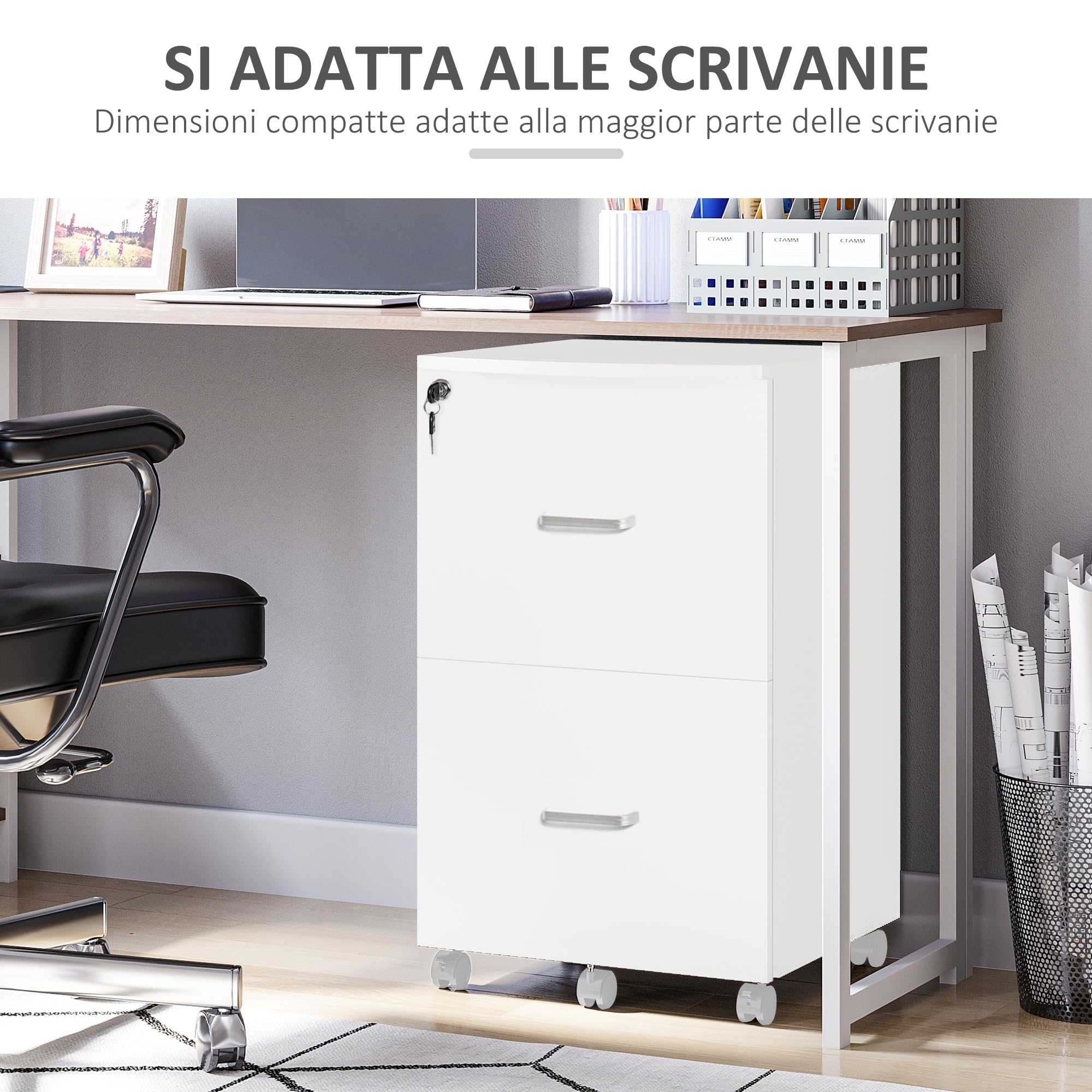 Vinsetto Armadietto da Ufficio e Studio con 2 Cassetti Bloccabili, 5 Ruote e Piano d'Appoggio, Schedario in MDF e Truciolato, 43x45x72cm, Bianco