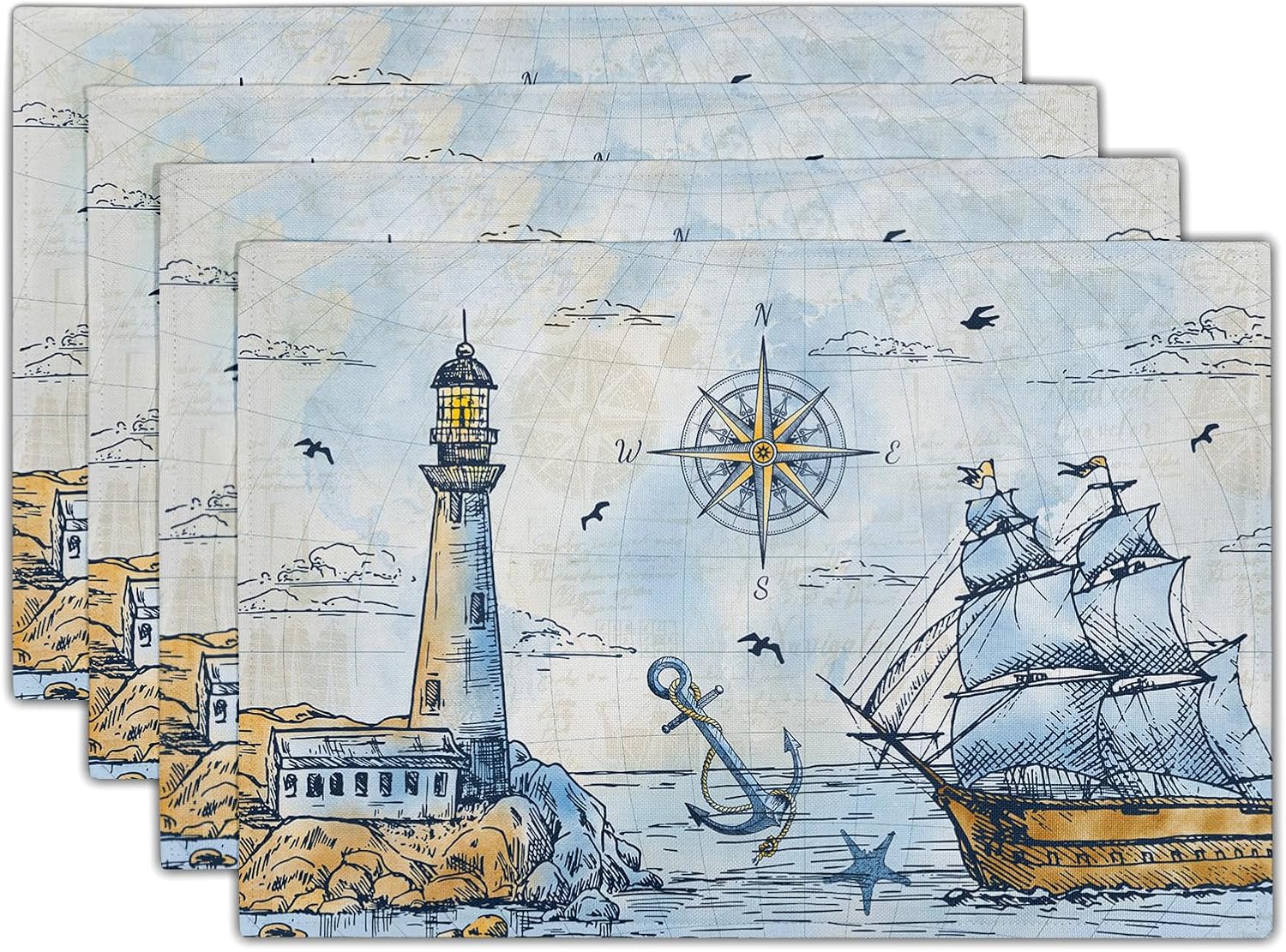 Nautical Placemats Set of, Retro Compass Lighthouse Anchor Sail Boat Ocean Theme