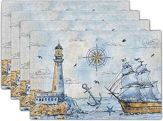Nautical Placemats Set of, Retro Compass Lighthouse Anchor Sail Boat Ocean Theme Placemat Heat Resistant Washable Place Mats for 4 for Party Home Dining Tables Decor