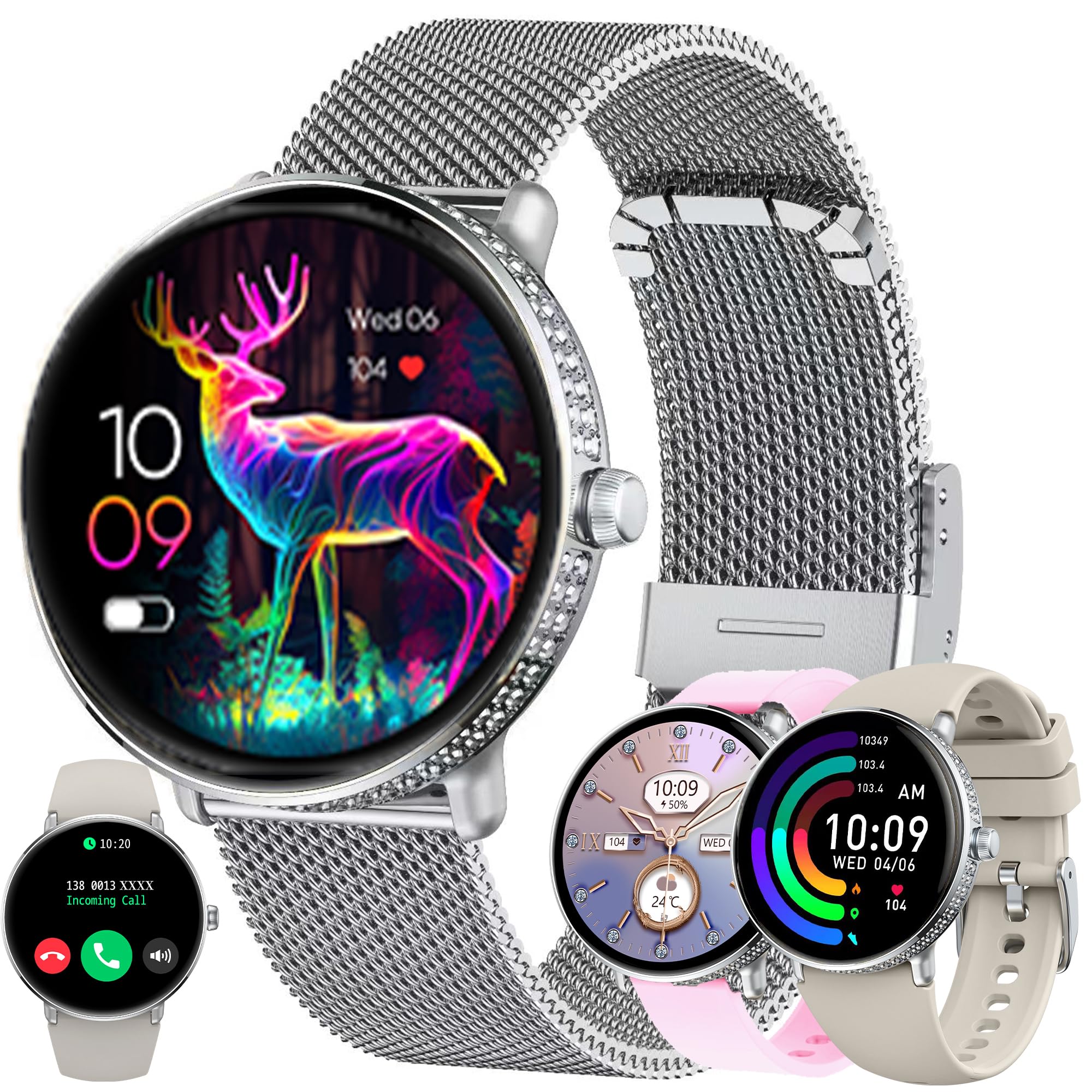 ZPIMY 1,19" AMOLED Reloj Inteligente Mujer con Llamada y Whatsapp, 5ATM Impermeable Reloj Smartwatch 123 Deportivo Hombre con Monitor Sueño, Pulsómetro Android iOS (Plateado)