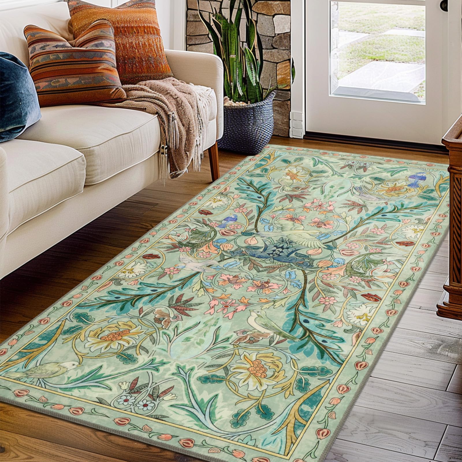 TUKDAK Green Runner Rugs for Hallway 80x150cm, Birds Kitchen Carpet Runner with Non-Slip Rubber Backing, Washable Long Hall Carpet Floor Mat for Entryway Bedroom Laundry Living Room Non Shedding