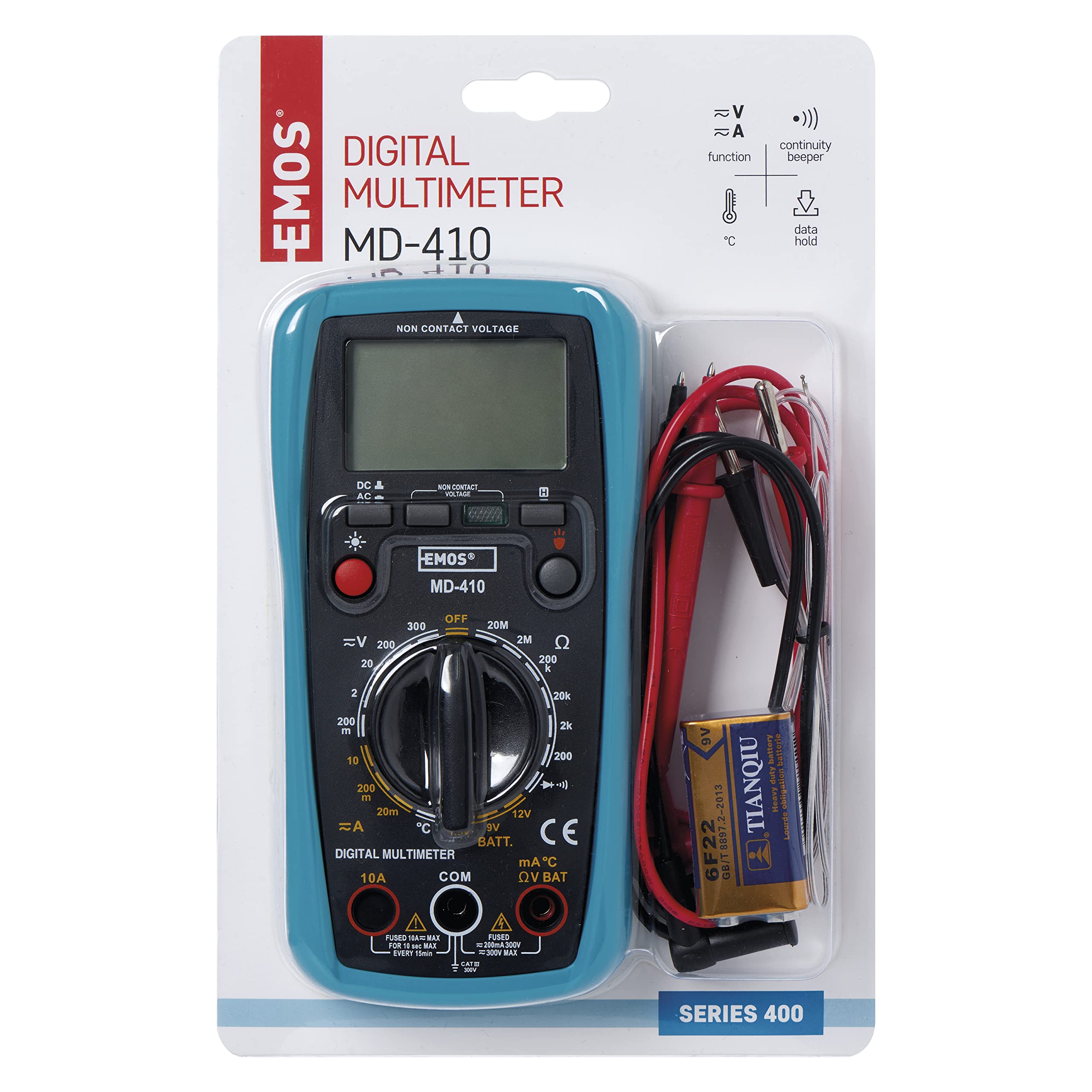 EMOS Multimetr cyfrowy CATIII 300 V z końcówkami pomiarowymi, 2000 zliczeń, tester napięcia AC/DC, miernik prądu AC/DC i tester baterii, funkcja pamięci, ciągłość testów, opór, diody, w zestawie