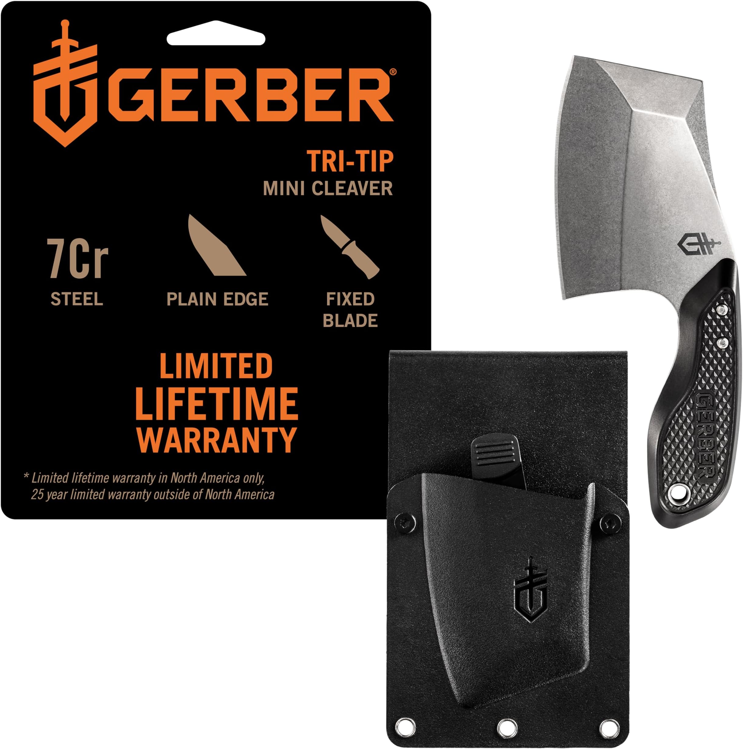 Gear TRI-Tip Mini Cleaver Fixed Blade Camping Knife with Molle Sheath for Survival and Bushcrafting, Black
