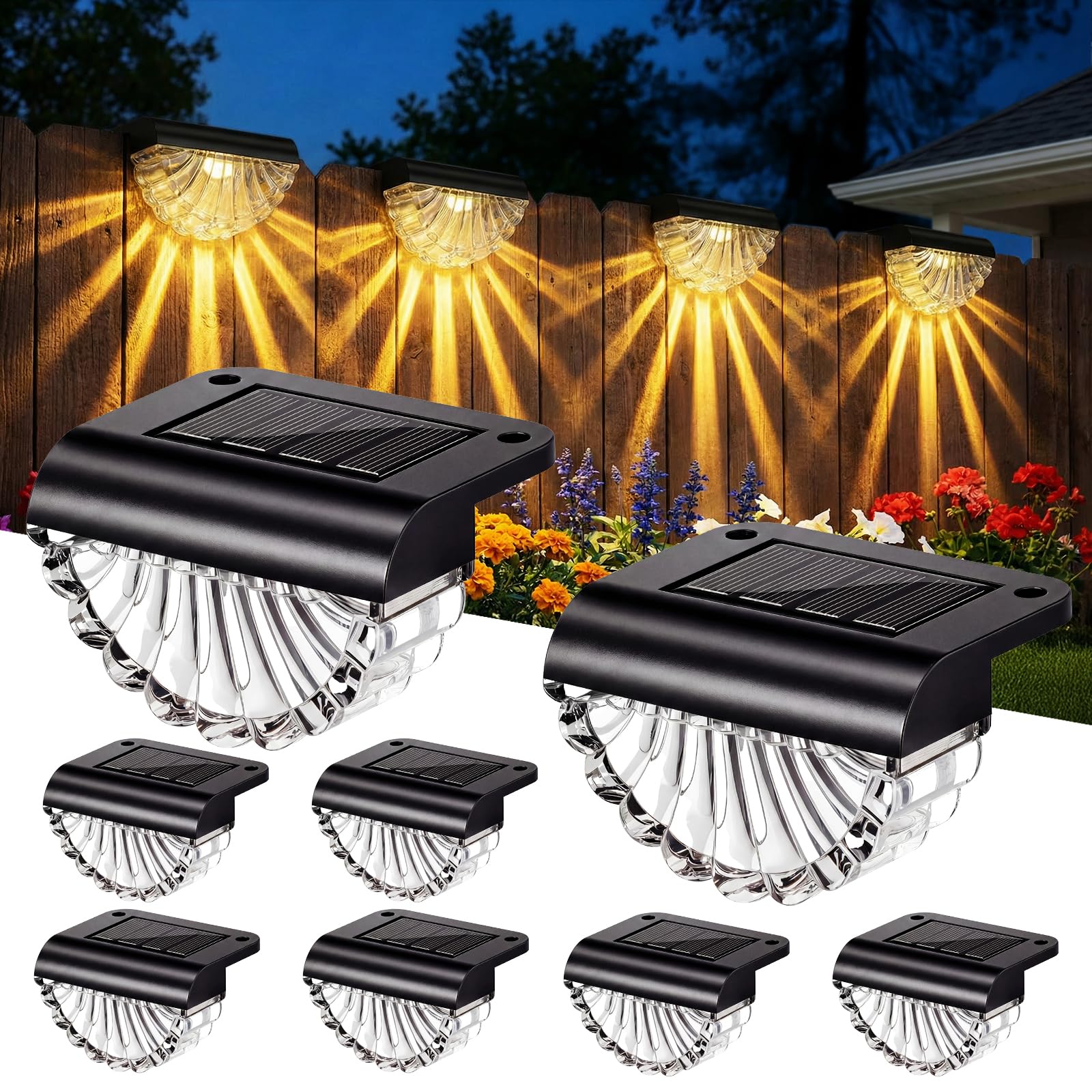 GEARLITE Solarlampen für Außen Garten, 8 Stück Extra Hell LED Solarleuchten für Aussen, IP65 Wasserdichte Muschel Solar Zaunleuchten für Außen, Garten Deko, Balkon, Terrasse, Wand, Treppen(Warmweiß)