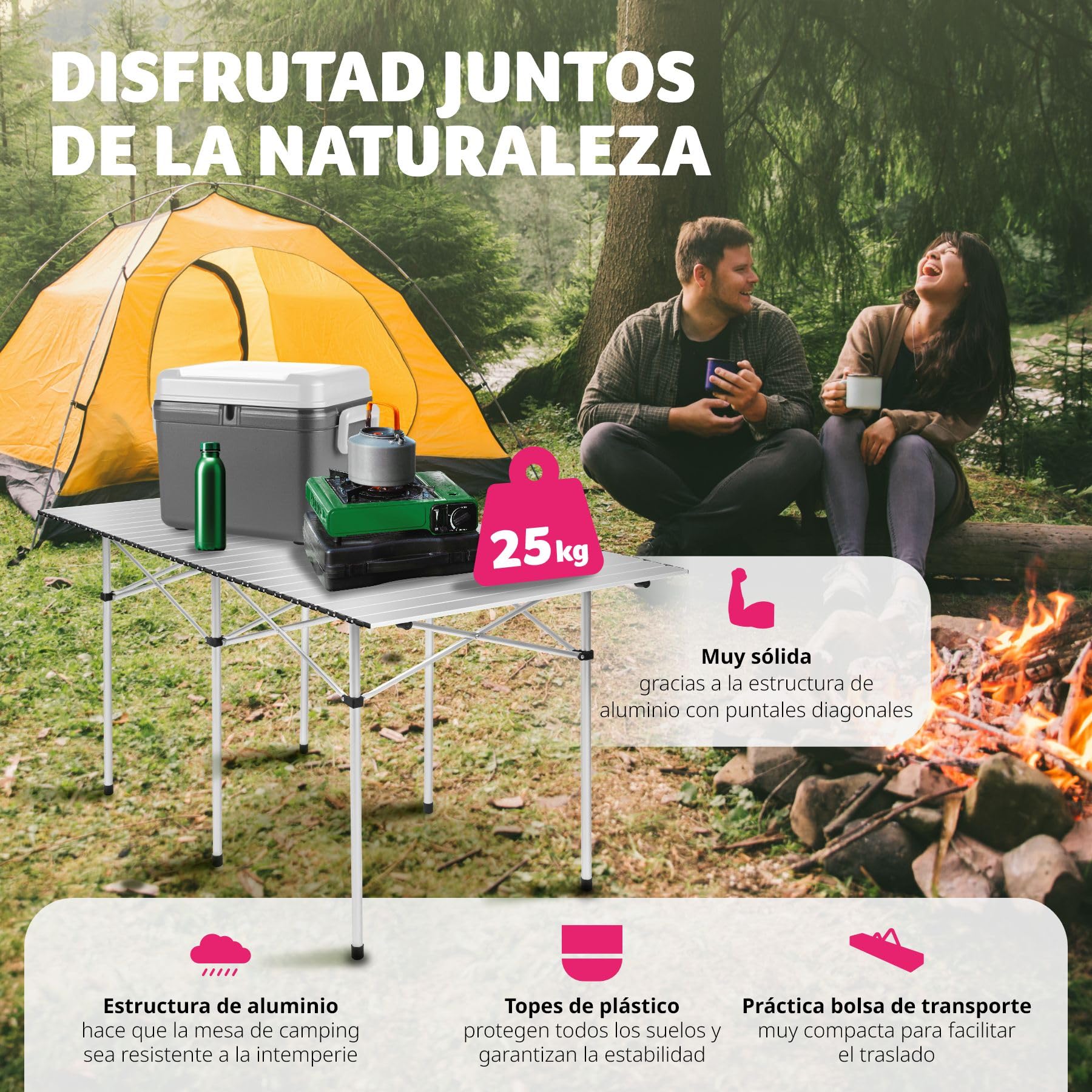 tectake® Mesa Plegable Aluminio, Mesa Camping Plegable, Mesa Jardín Exterior con Asa y Bolsa de Transporte, Impermeable, Fácil Montaje y Limpieza, Ideal Acampadas, Jardín, Terraza, Picnic, 140x70x70cm