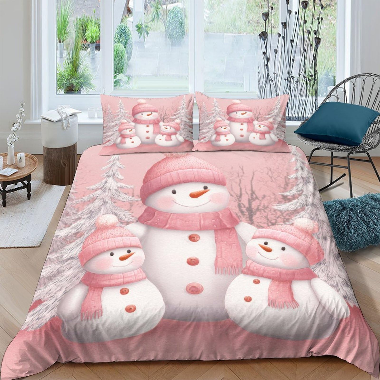 Ctjqhvkz Style-10 3D Printed Pink Snowman Fitted Sheet Microfiber Soft Winter Cartoon Mattress Cover For Adult Teen Bedroom Dorm Decor Single（135X200cm）