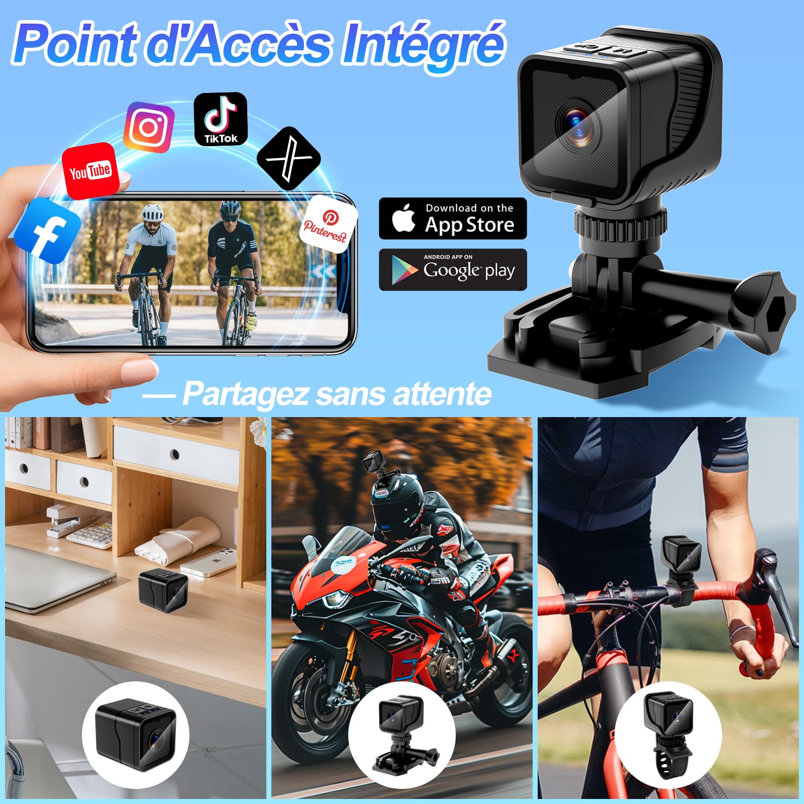 Camera Velo 1080P WiFi Grand Angle Mini Sport, Enregistrement en Boucle | Batterie 900mAh, charge en continu, résiste aux éclaboussures, supports inclus, webcam/dashcam