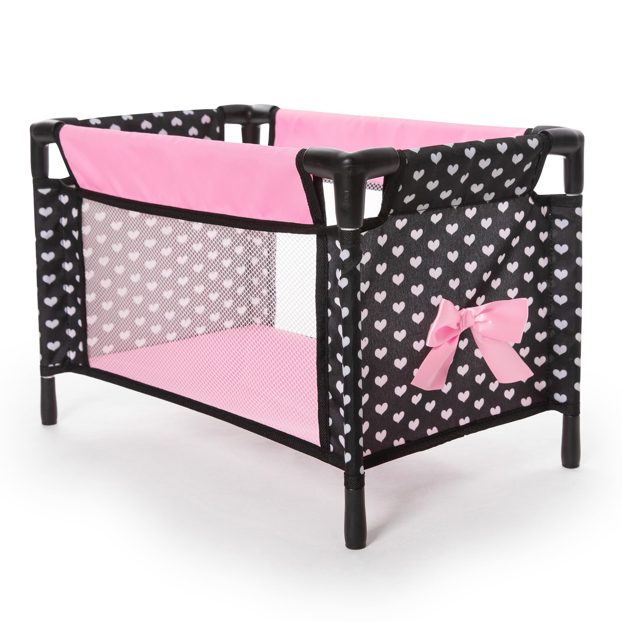 Bayer Design Dolls: Travel 9 Piece Set - Black, Pink, Hearts - Bed, Highchair, Playground & Accessories for Dolls Up to 18