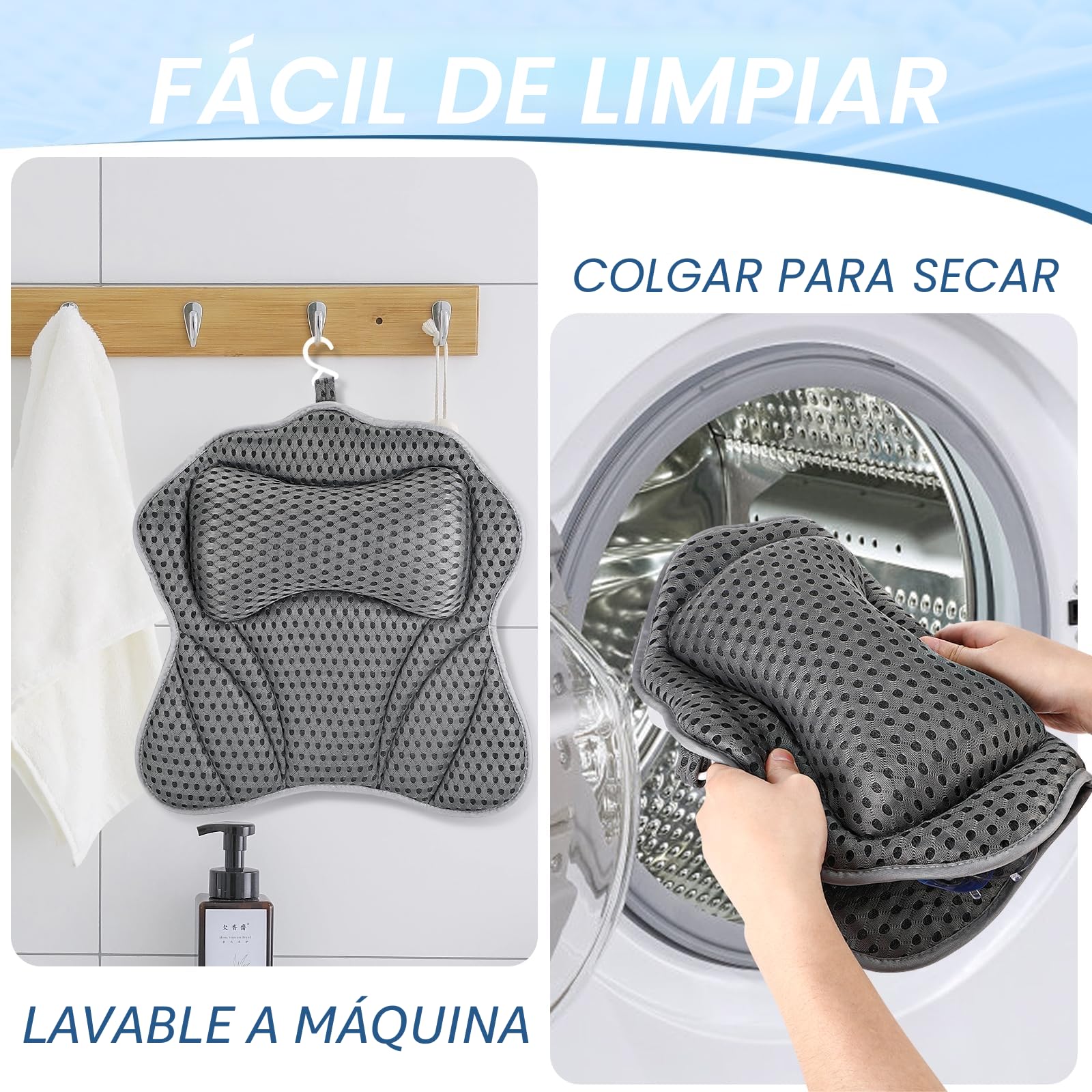 Zikenis Almohada de Baño con 6 Ventosas Antideslizantes, Malla 4D Almohada Bañera para Cuello Ergonómica, Cojin Bañera para Cuello y Espalda, Bañera de Hidromasaje y SPA en Casa