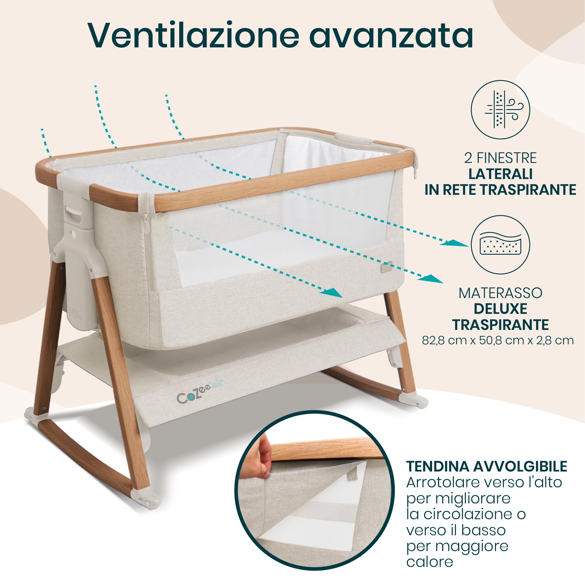 Tutti Bambini CoZee® Air Culla Neonato e Culla Co-sleeping - Con Borsa Trasporto - Chiusura Rapida - Materasso Traspirante - 6 Altezze Regolabili - 0-6 Mesi (Noce & Ecrù)