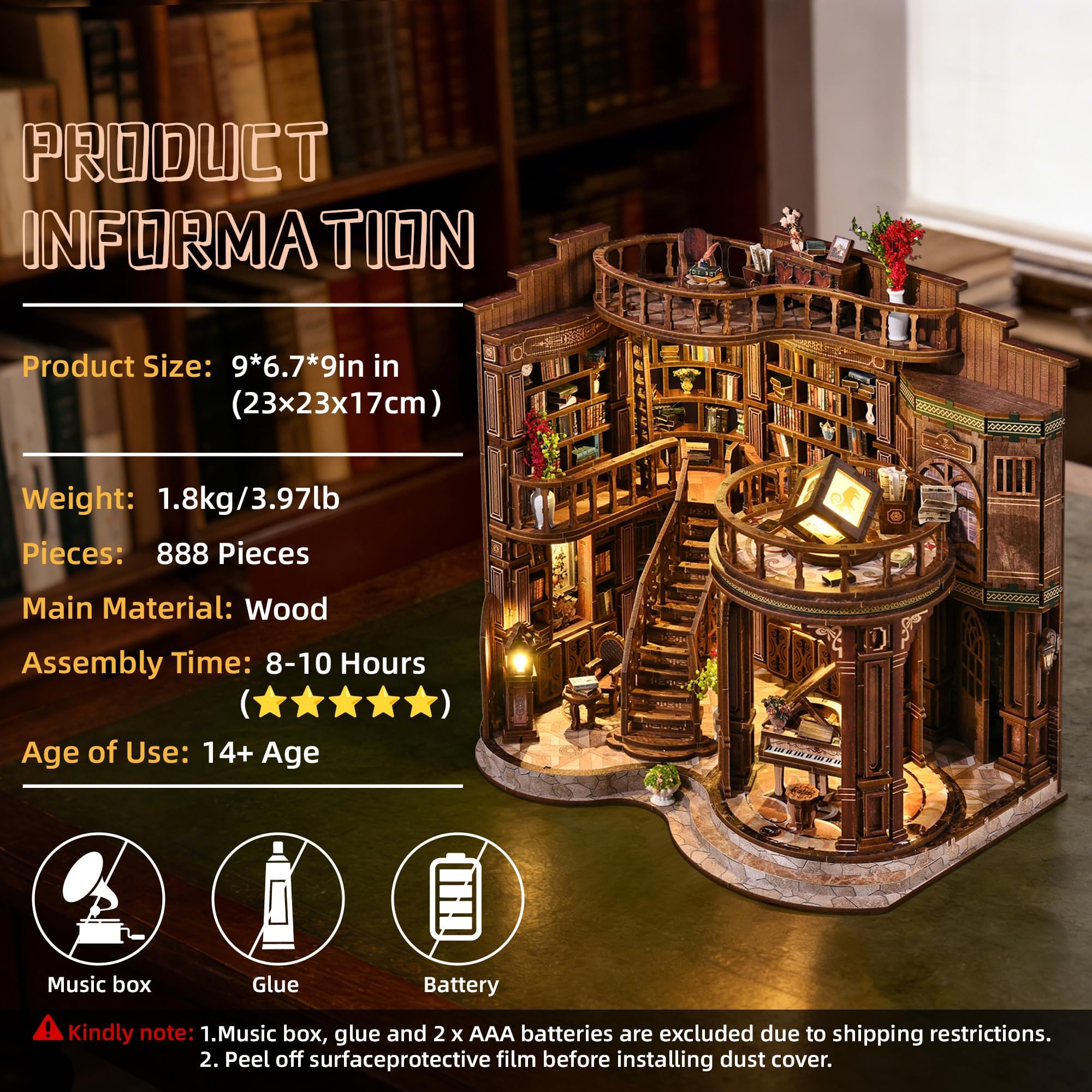 Book Nook Kit für Erwachsene - CRIOLPO DIY Miniatur Haus Holzpuzzle 3D Puppenhaus - Buchstütze für Bücherregal Deko mit Led Licht Kreatives Geschenk für Leser