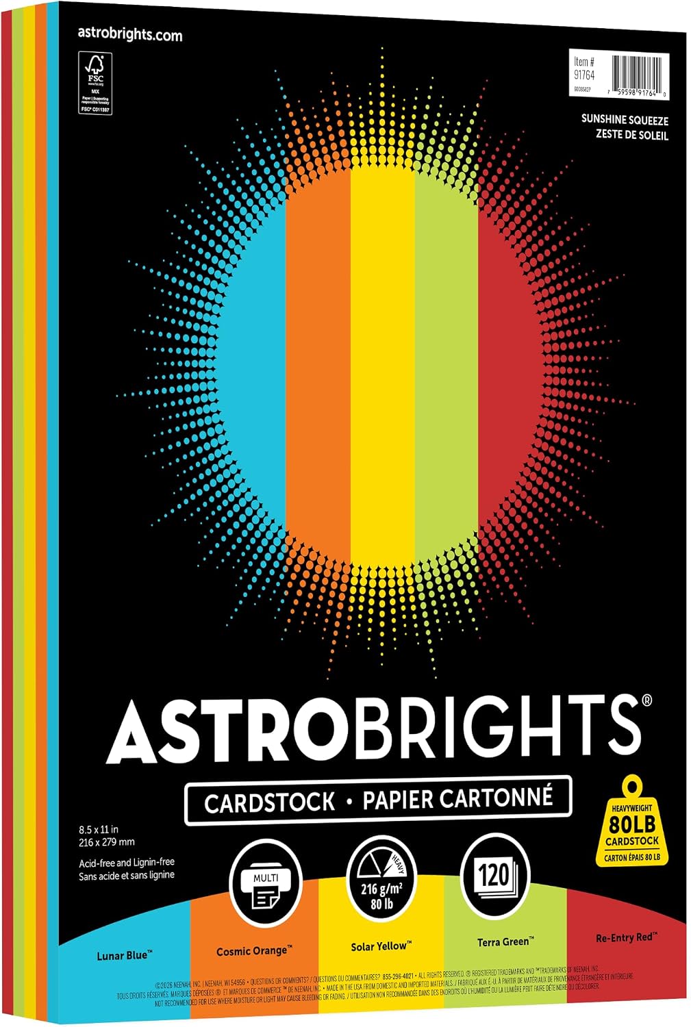 Astrobrights Colored Cardstock, Sunshine Squeeze, 80 lb./216 gsm, 8.5” x 11”, 126 Sheets (91764)