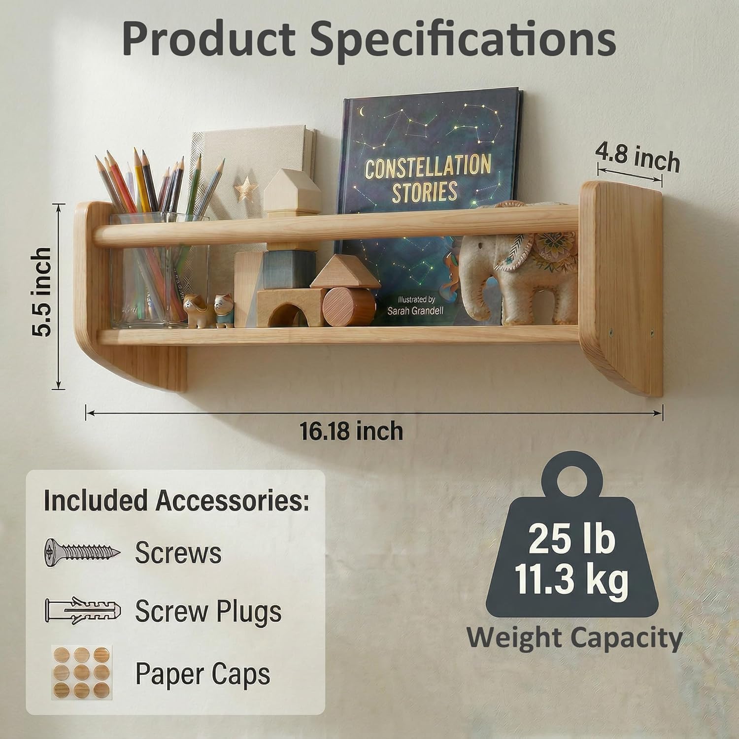 Nursery Bookshelf Set of 2, 16” Nursery Book Shelves Wall Mounted, Wooden Floating Shelves for Nursery Wall, Baby Book Shelf for Nursery, Kids Wall Bookshelf Organizer with Support Rod, Space Saving
