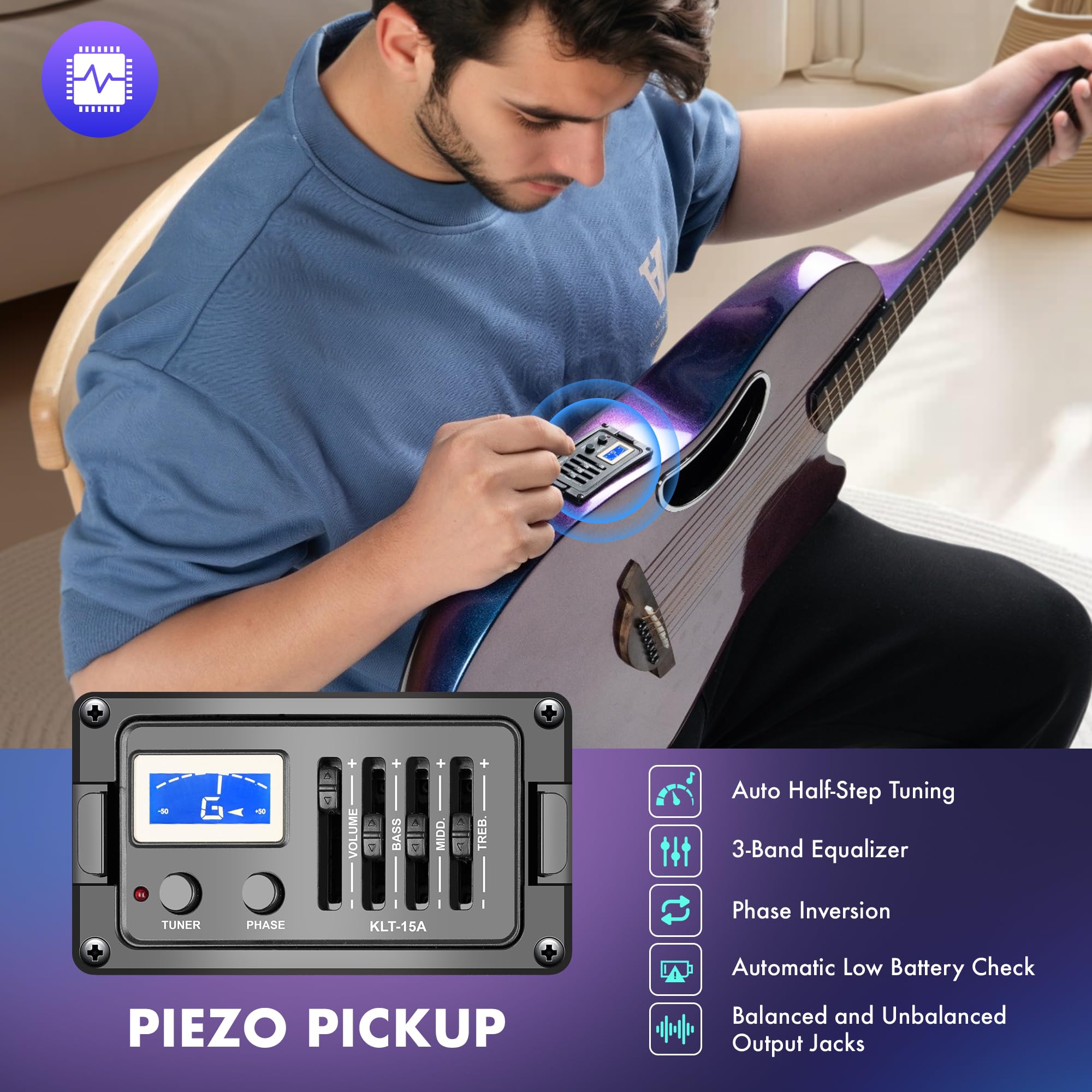 CAHAYA Chitarra Elettro-Acustica 41 Pollici: Fibra di Carbonio con Finitura Sfuma Blu-Viola Elegante, Tavola in Abete, Pickup Piezo Integrato, Perfetta per Viaggio e Palco (CCF0396P)