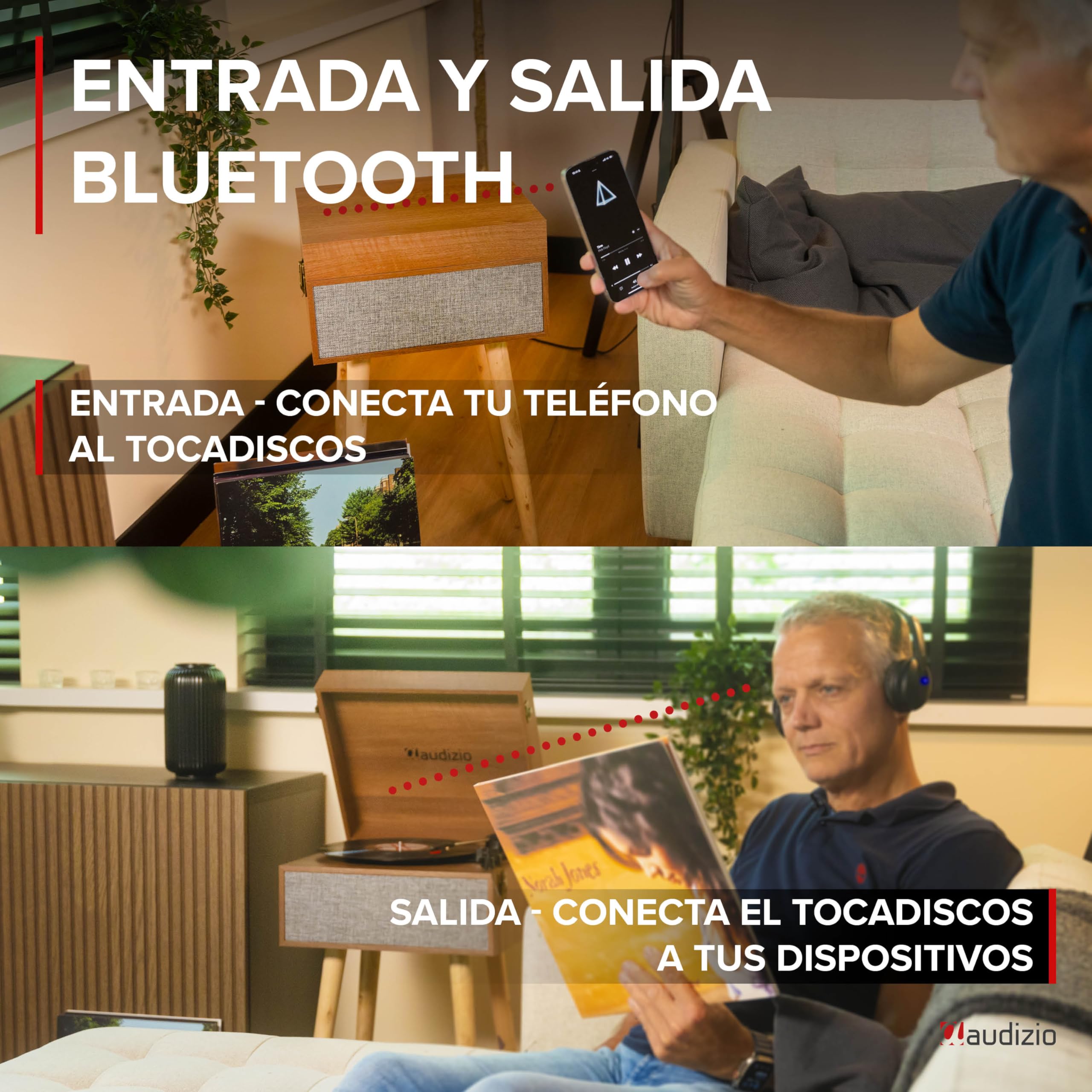 Audizio Fremont - Tocadiscos Retro con Patas de Madera, Bluetooth bidireccional, USB para digitalizar vinilos, Altavoces estéreo, RCA, 3 velocidades, Entrada AUX y Salida de Auriculares Color Madera