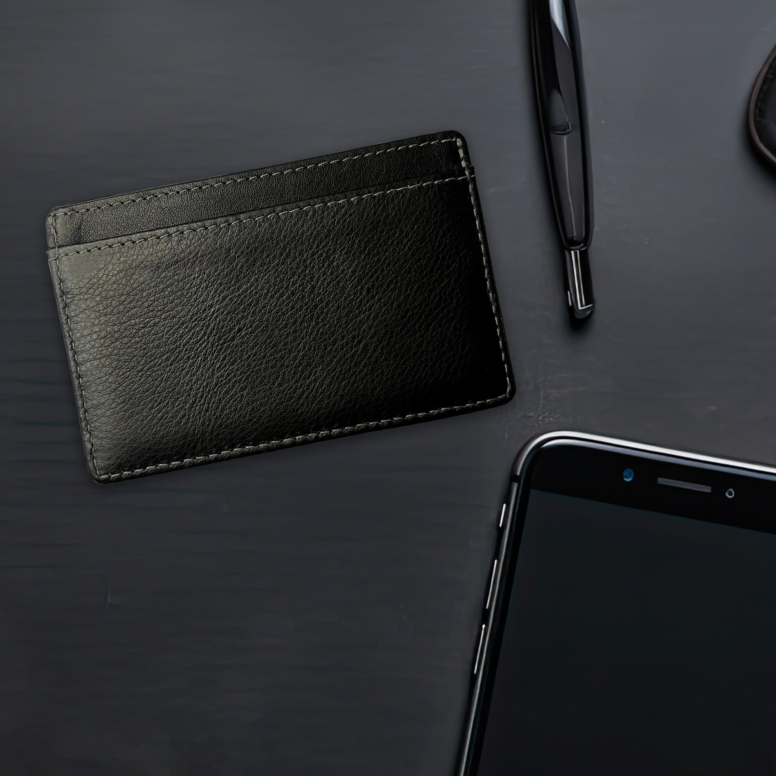 Minimalistische Geldbörse für 2 Karten für Damen & Herren – Echtes Leder Ultra Dünn Schwarz Kreditkartenetui – Kompatibel mit American Express Platinum