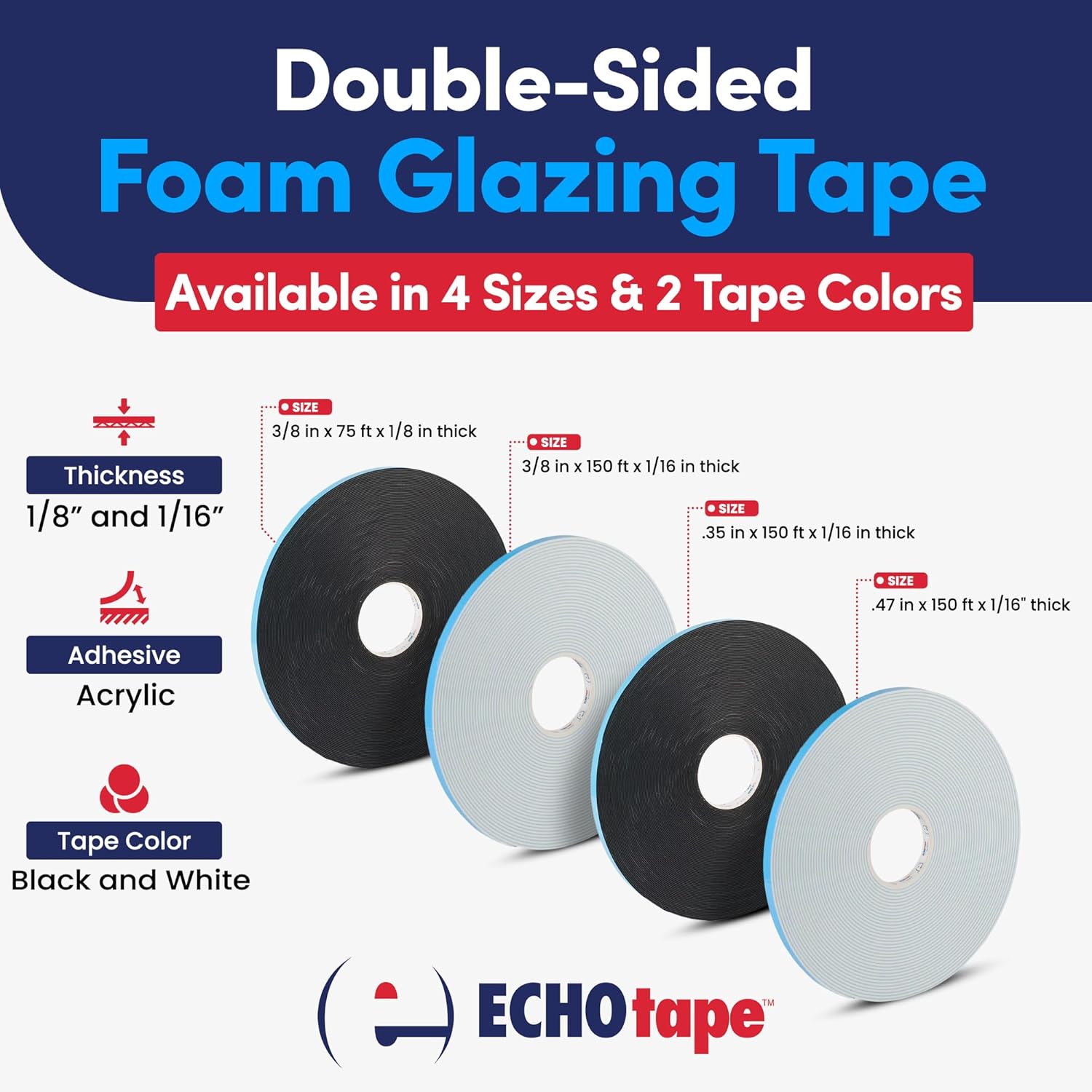 ECHOtape GL-N0708/N0716 | Double-Sided Foam Tape | Window Glazing Tape | Strong Permanent Hold | Soft, Weather-Resistant Tape | 3/8 in x 150 ft x 1/16 in Thick (case of 30)