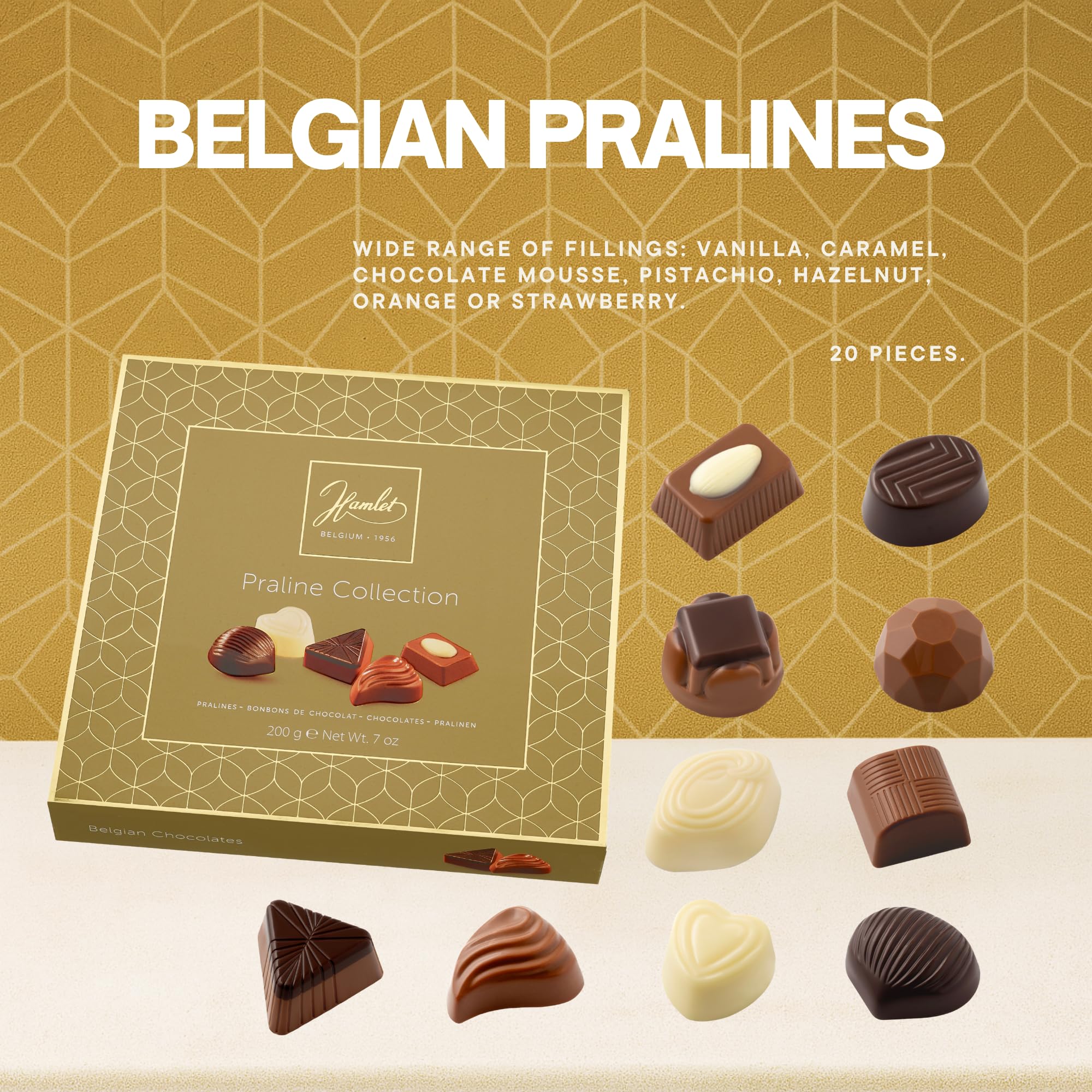 Chocolate Belga Hamlet, Bombones para Regalar, Chocolates para regalar con Bolsa Premium, Auténtico Chocolate Belga, Caja de Diferentes Chocolates 200g
