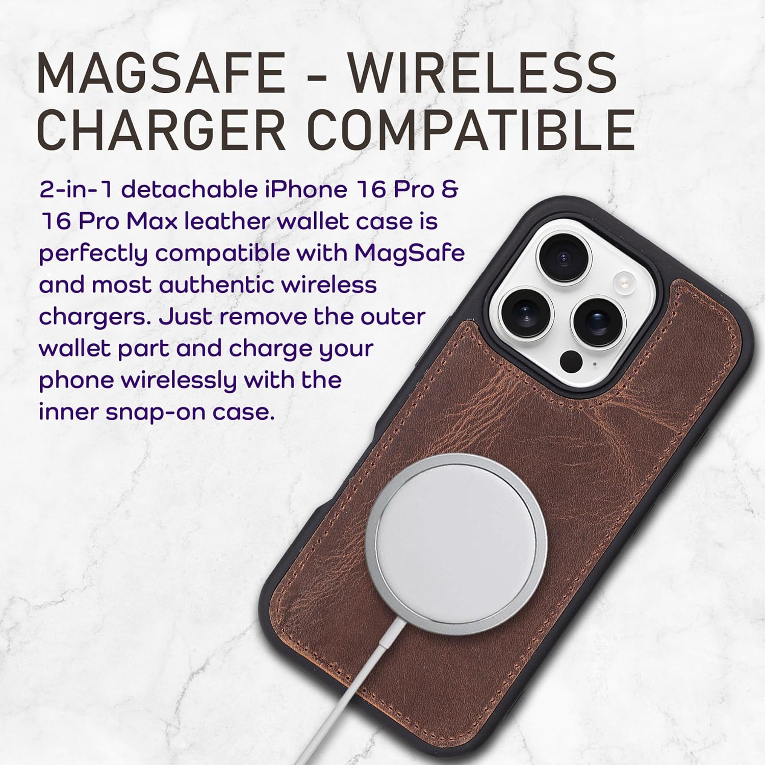 Bayelon Wallet Case for iPhone 16 Pro 6.3", Full Grain Leather Wallet Case, Detachable Magnetic Flip Folio Cover, Card Holder, MagSafe Compatible, RFID Blocking Case (Coffee Brown)